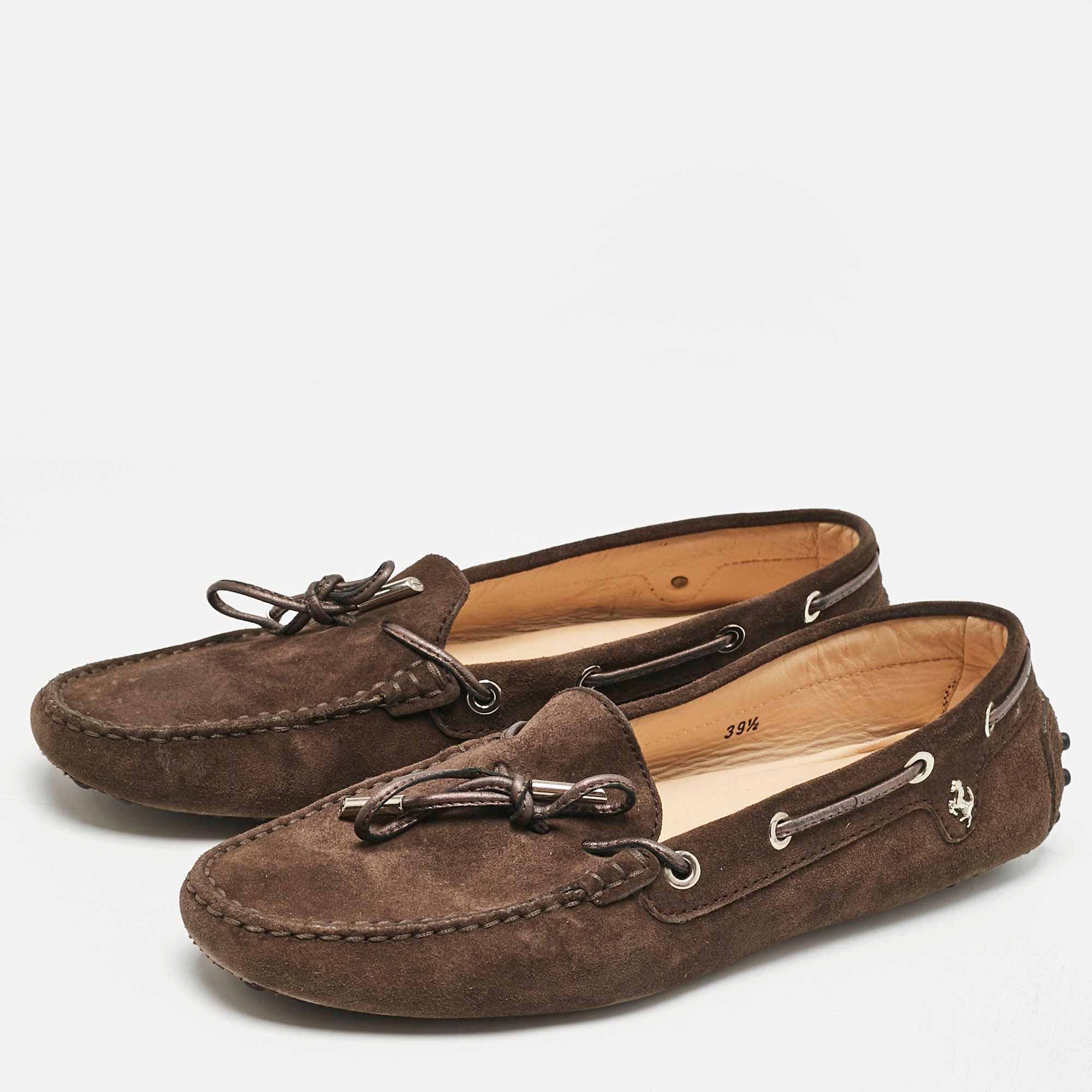 Tod's For Ferrari Brown Suede Bow Slip On Loafers