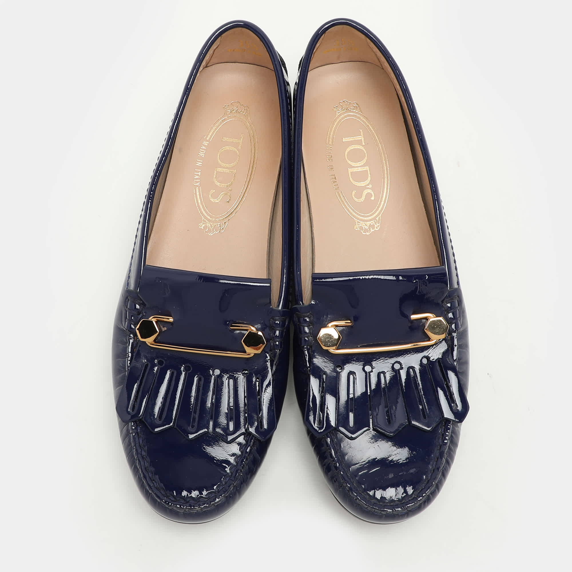 Tod's Blue Patent Leather Fringe Detail Loafers