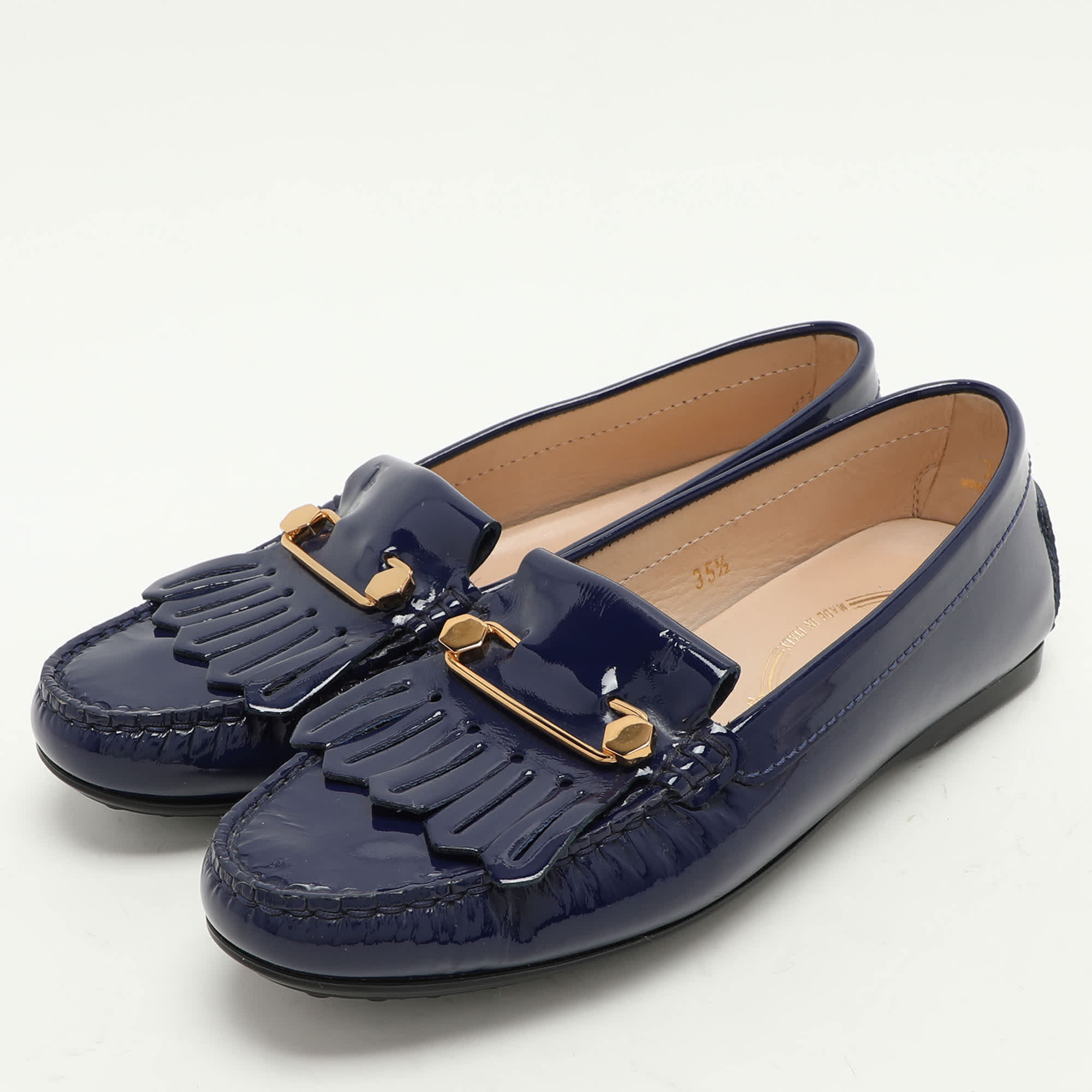Tod's Blue Patent Leather Fringe Detail Loafers