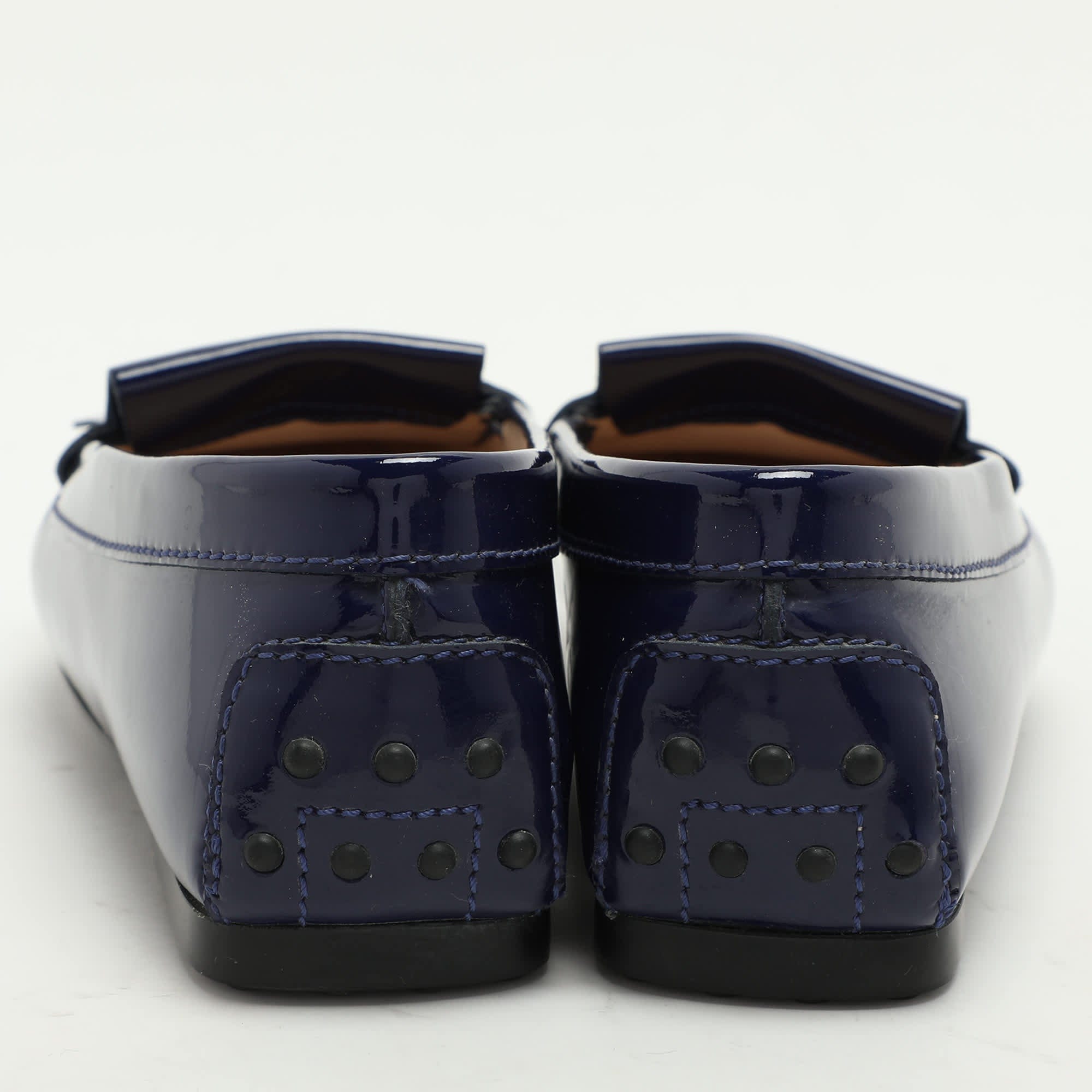 Tod's Blue Patent Leather Fringe Detail Loafers