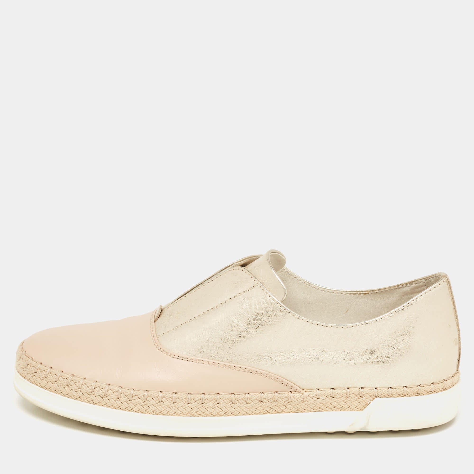Tod's Beige/gold Leather Espadrille Flat