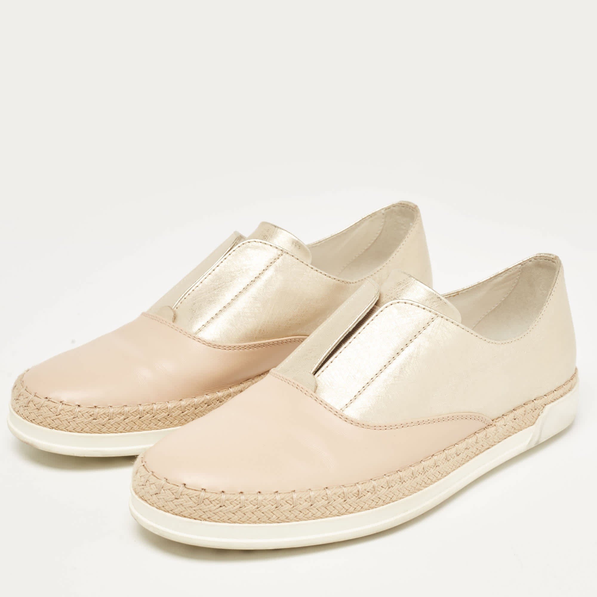 Tod's Beige/gold Leather Espadrille Flat