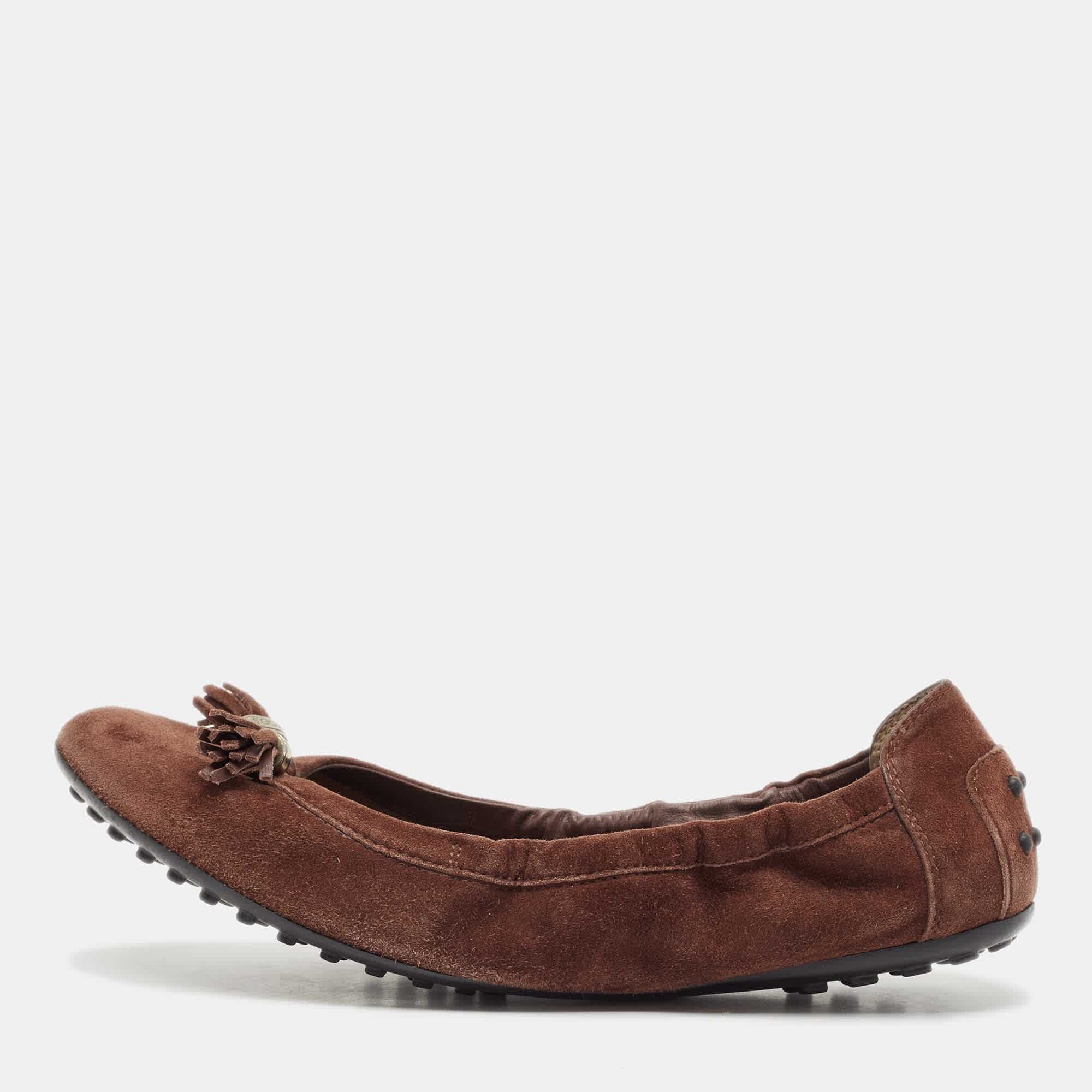Tod's Dark Brown Suede Scrunch Ballet Flats