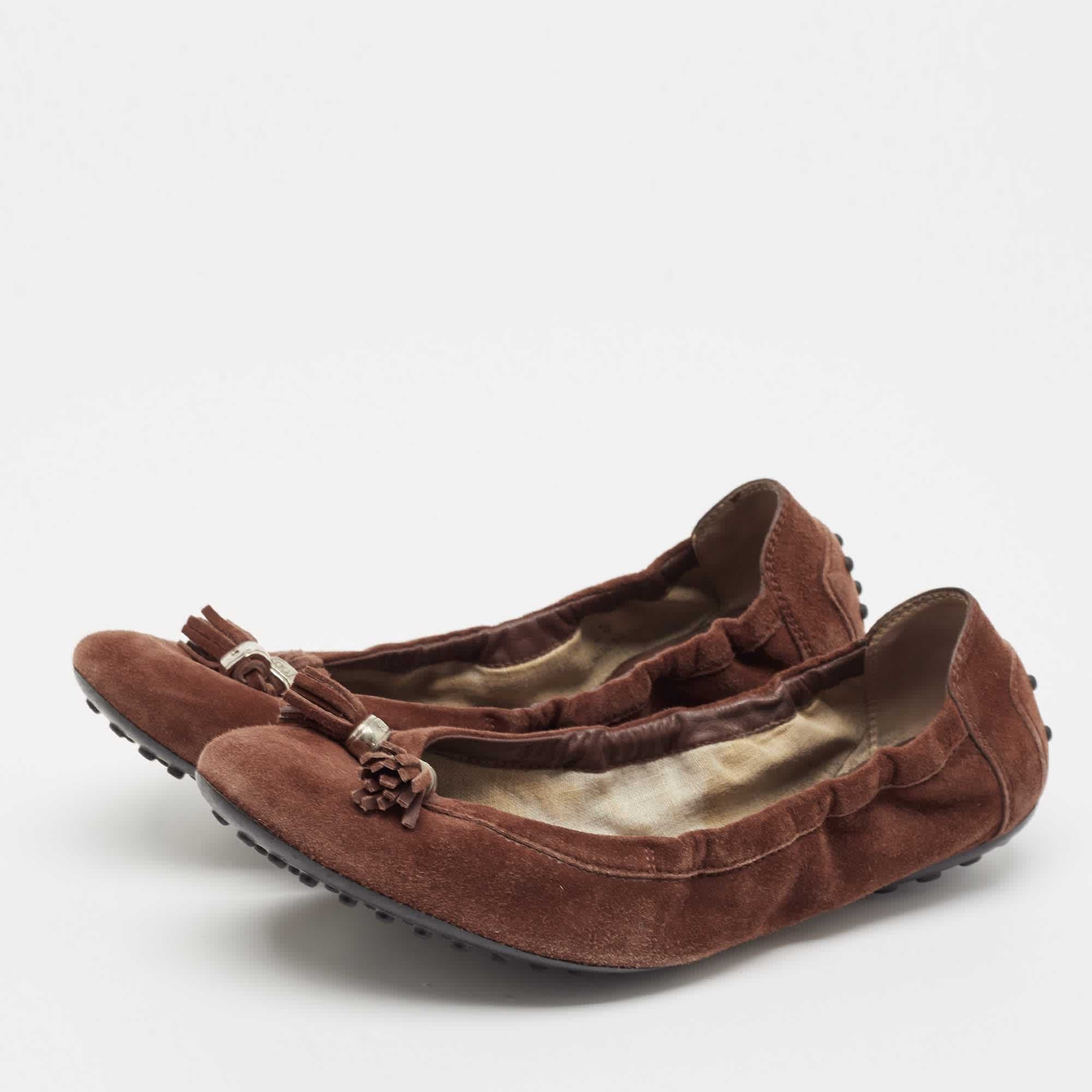 Tod's Dark Brown Suede Scrunch Ballet Flats