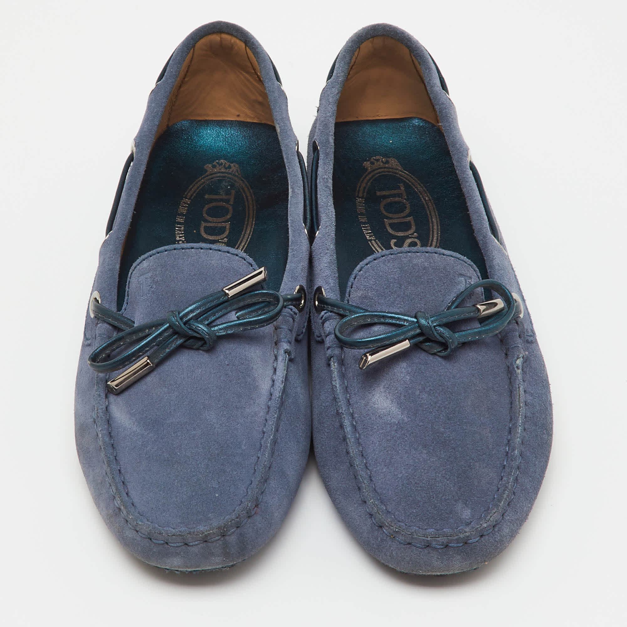 Tod's Blue Suede Gommino Bow Slip On Loafers