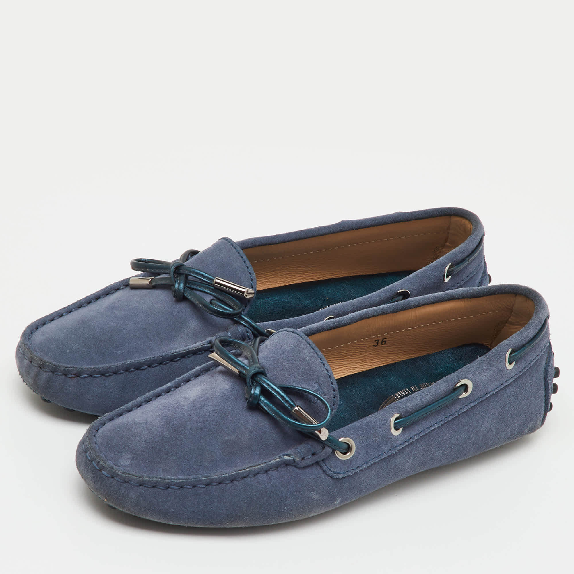 Tod's Blue Suede Gommino Bow Slip On Loafers