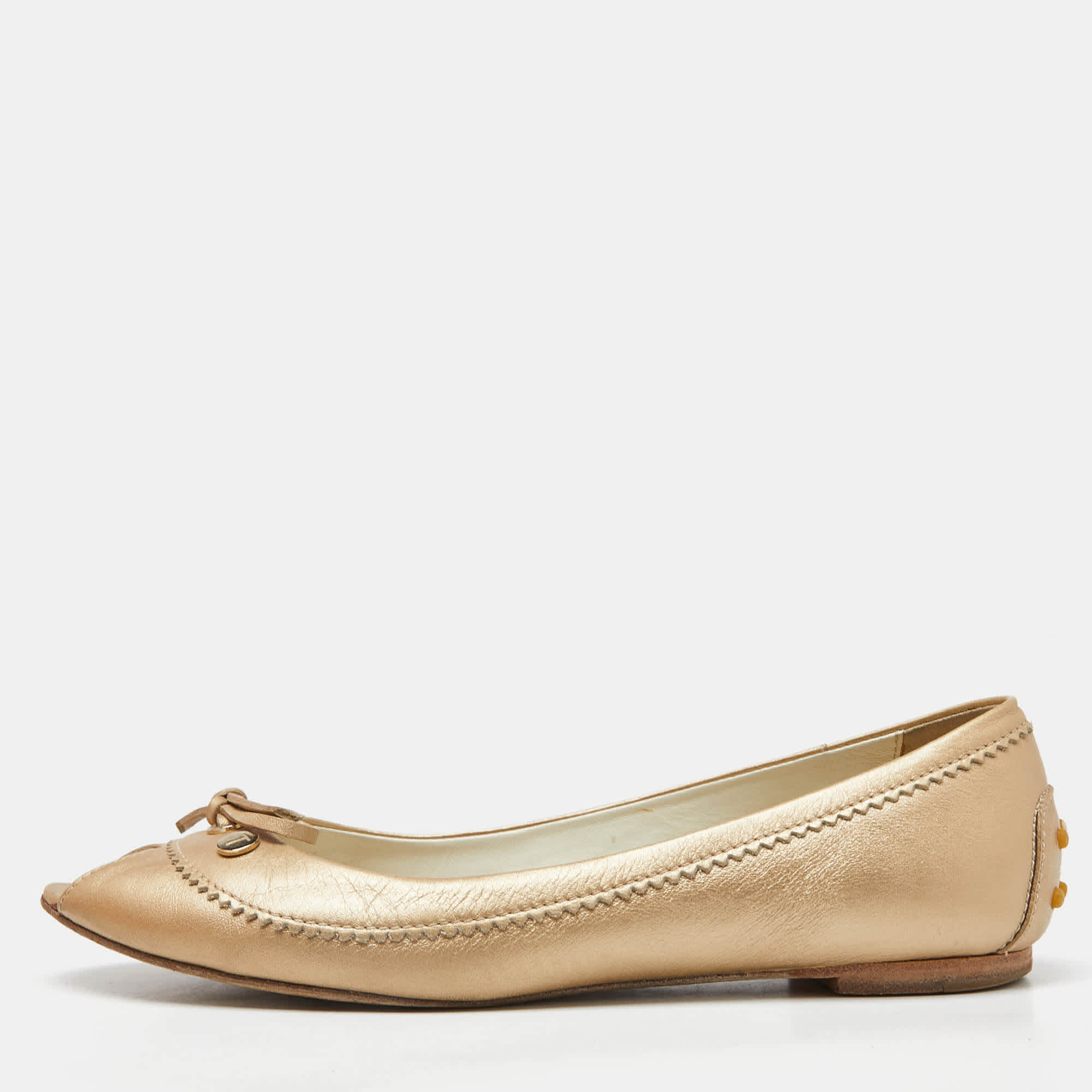Tod's Beige Leather Bow Peep Toe Ballet Flats