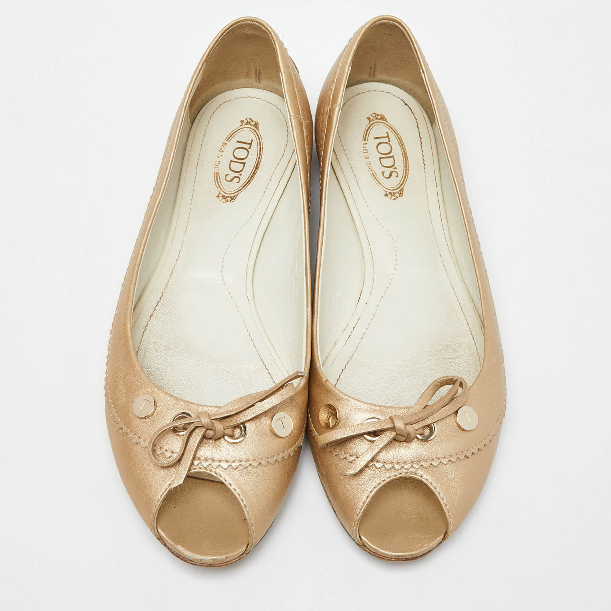 Tod's Beige Leather Bow Peep Toe Ballet Flats