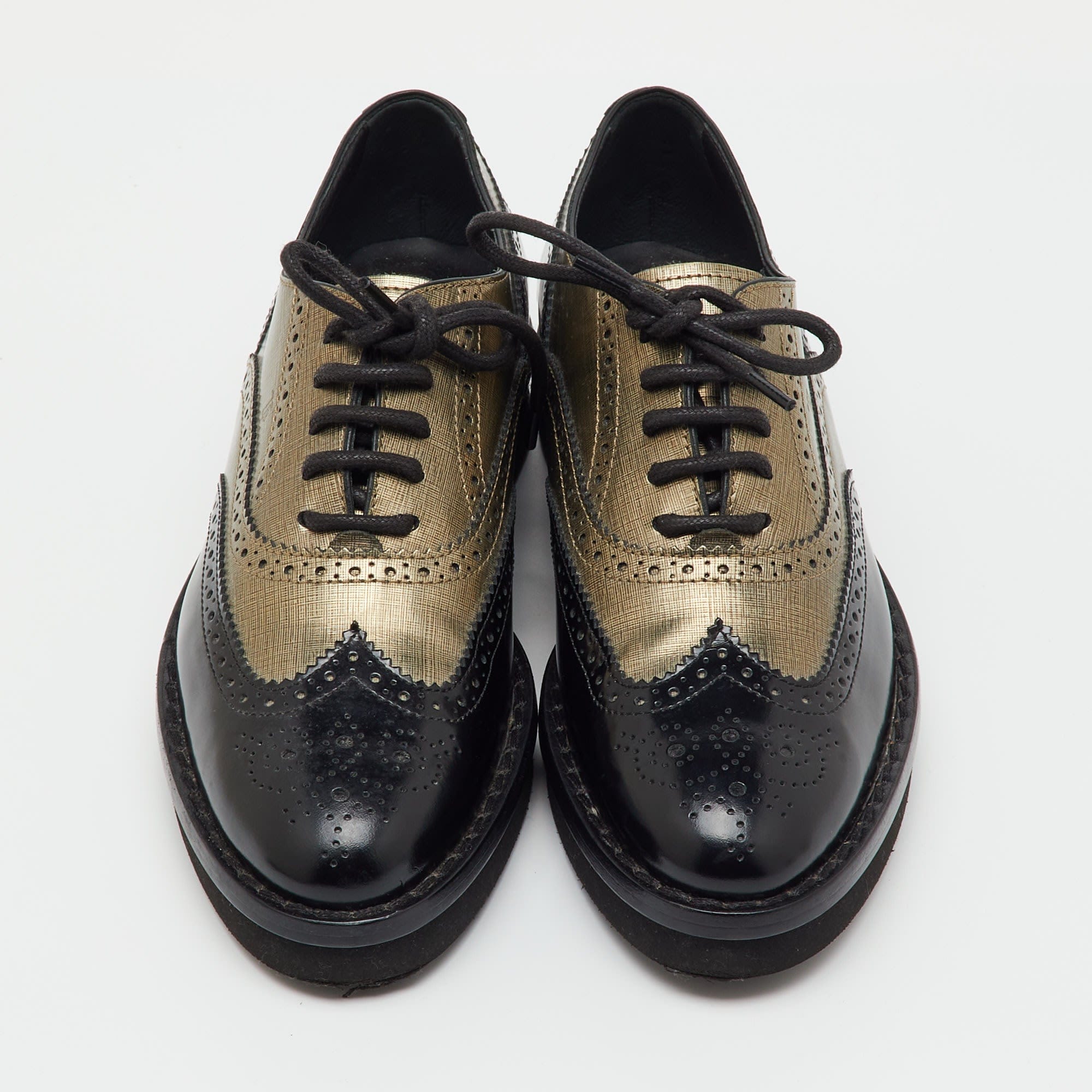 Tod's Black/metallic Gold And Leather Brogue Wingtip Lace Up Oxfords