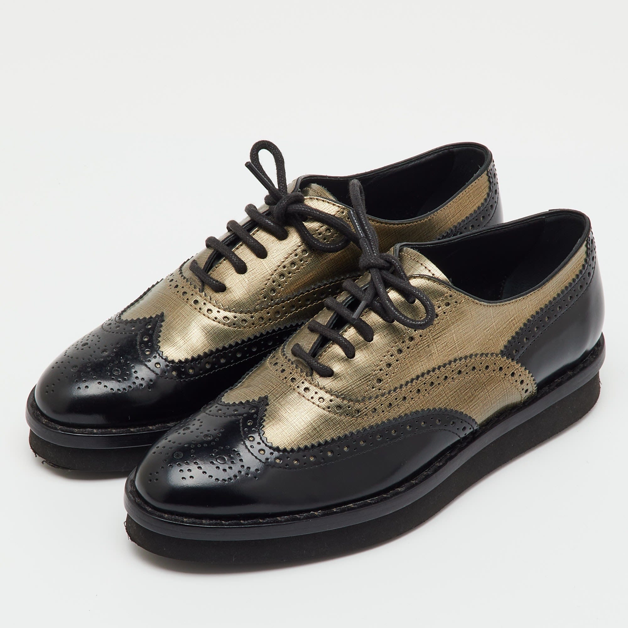 Tod's Black/metallic Gold And Leather Brogue Wingtip Lace Up Oxfords
