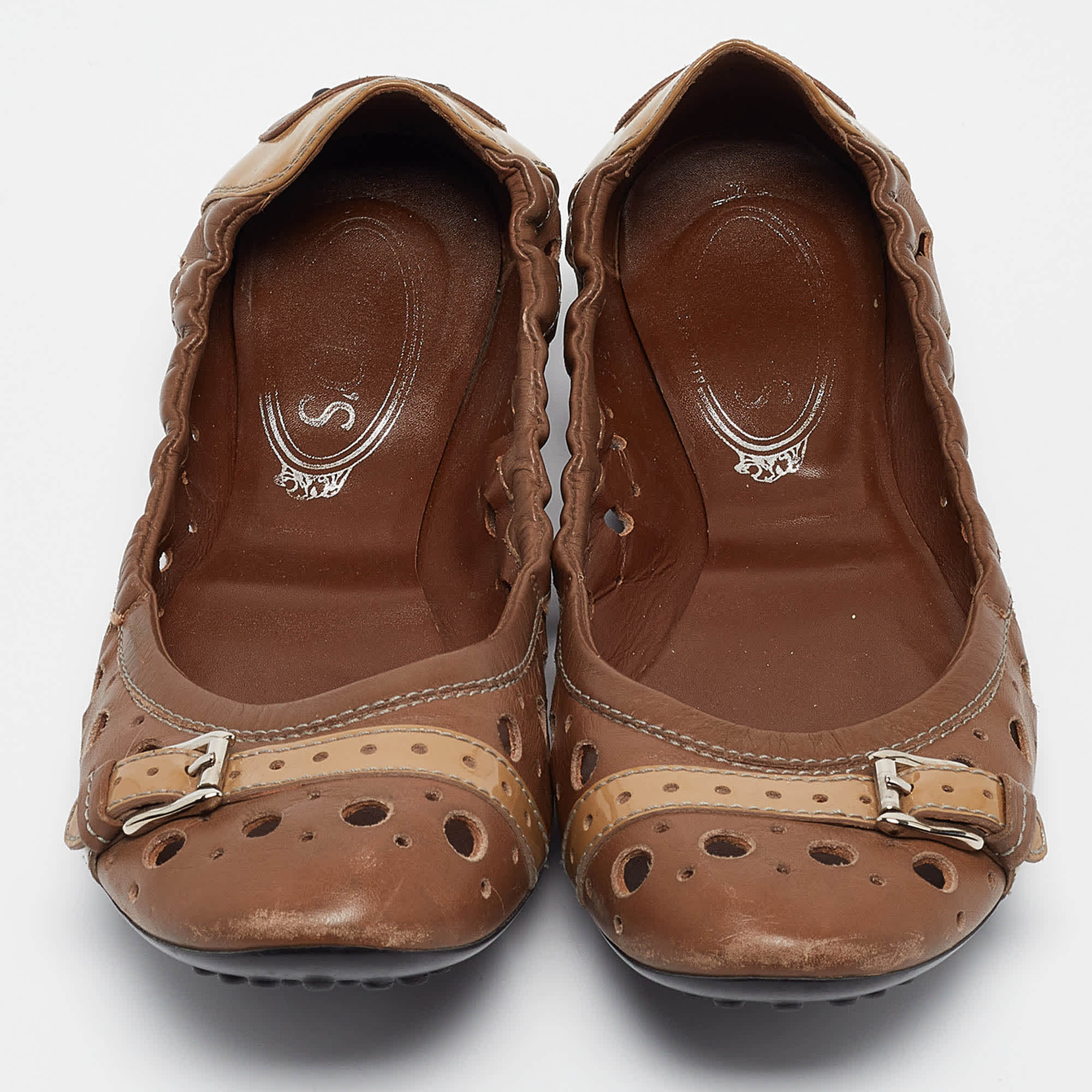 Tod's Brown Laser Cut Leather Scrunch Ballet Flats