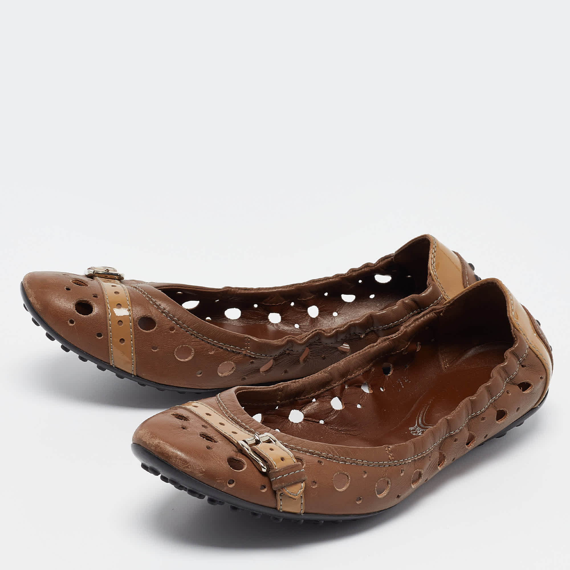 Tod's Brown Laser Cut Leather Scrunch Ballet Flats
