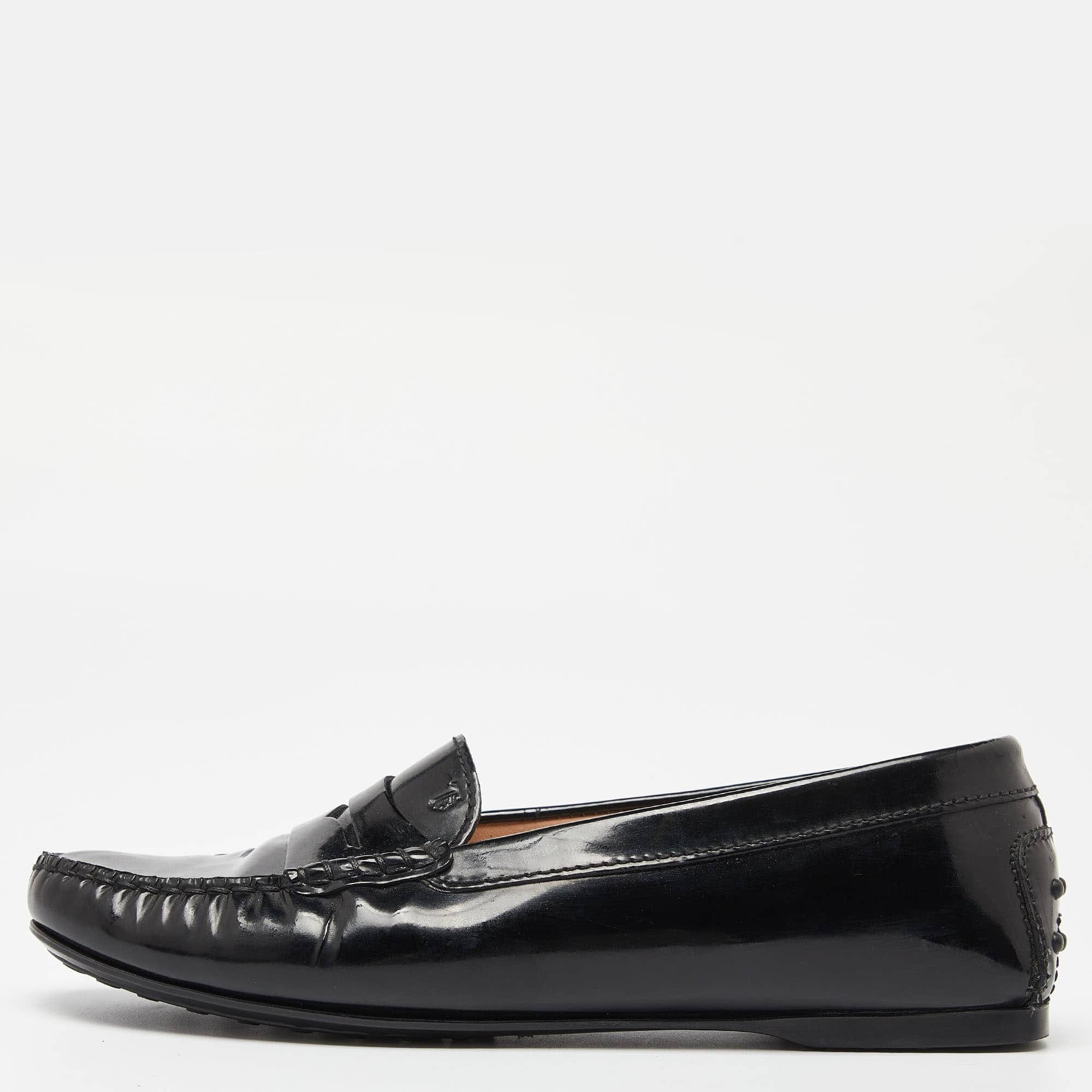Tod's Black Patent Leather Penny Slip On Loafers