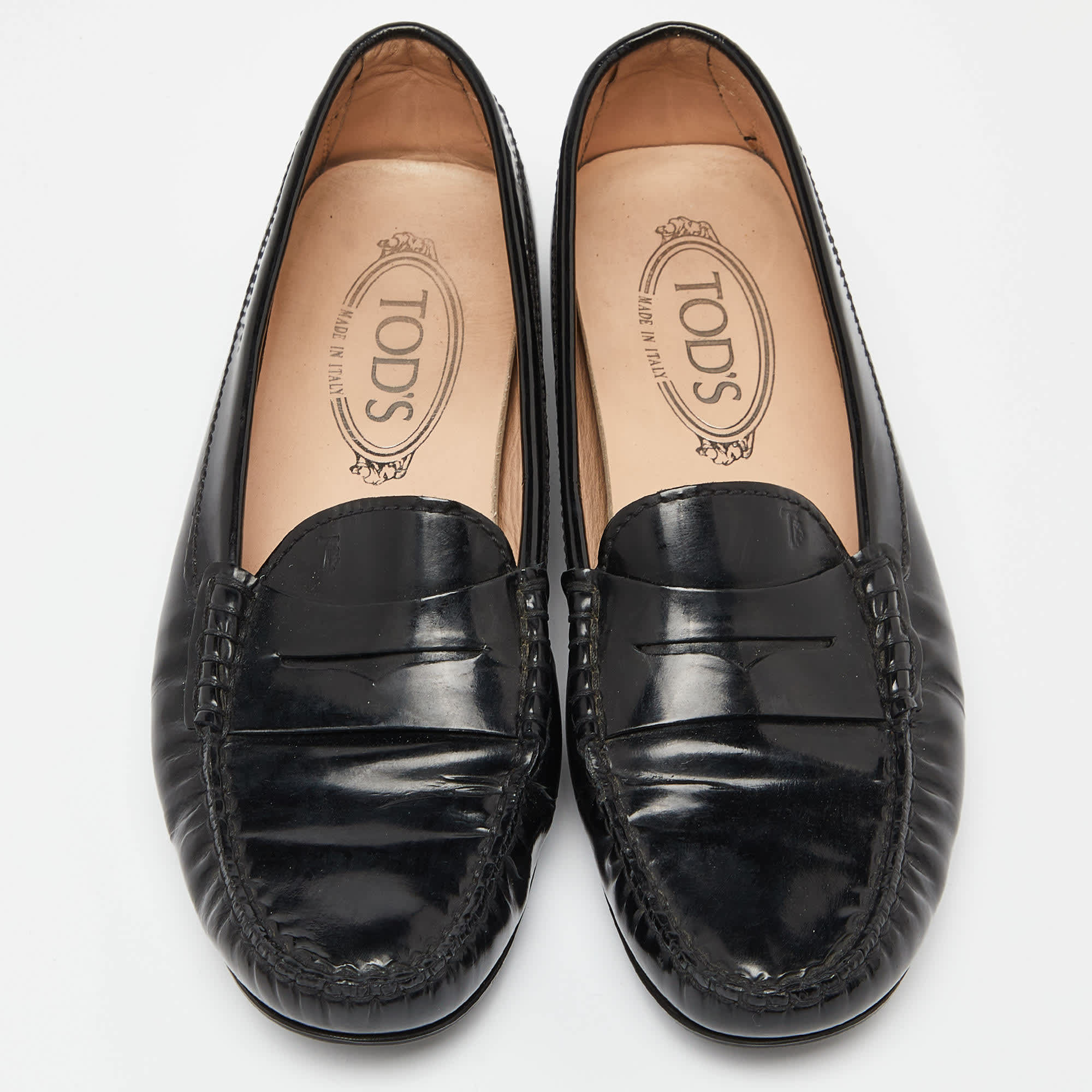 Tod's Black Patent Leather Penny Slip On Loafers