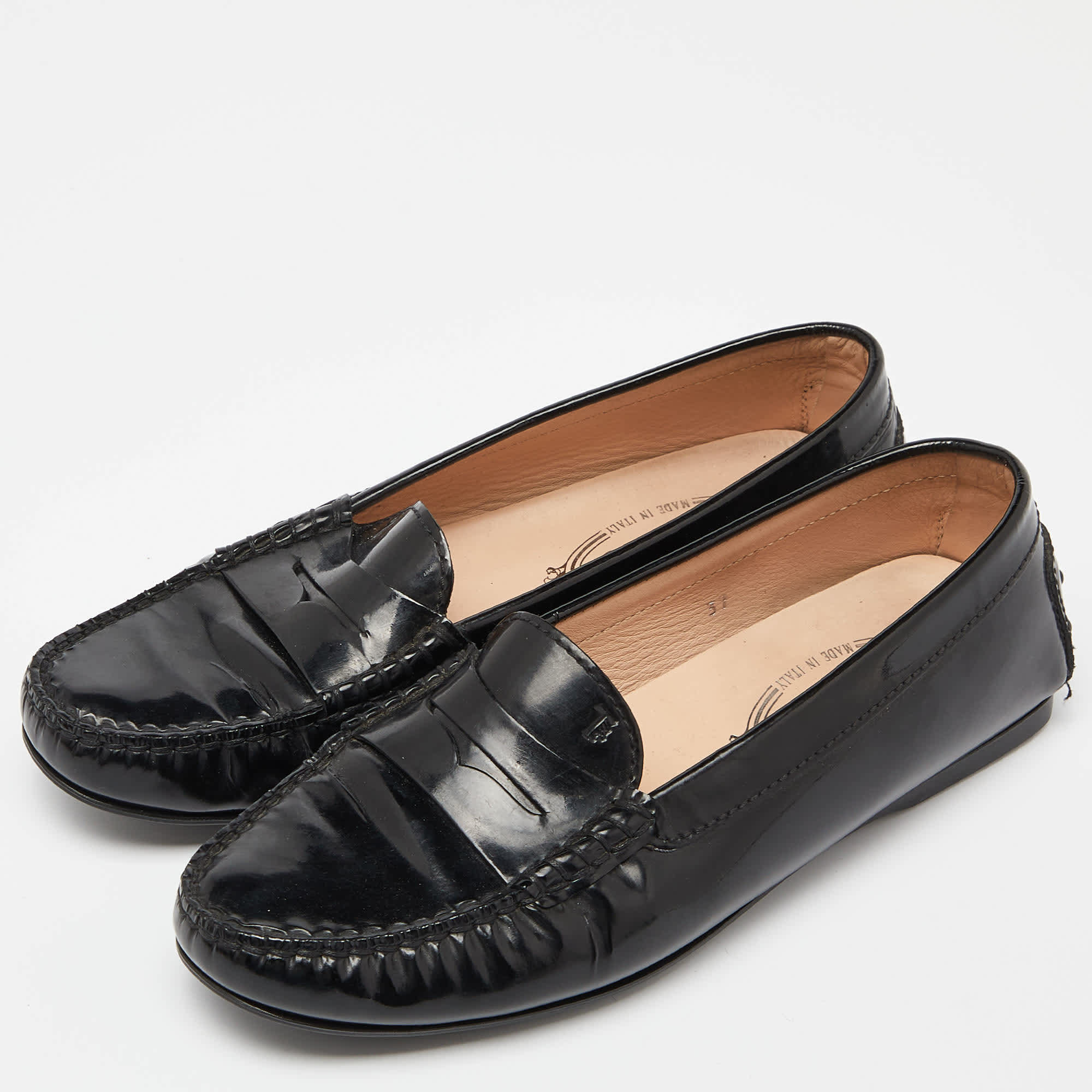 Tod's Black Patent Leather Penny Slip On Loafers