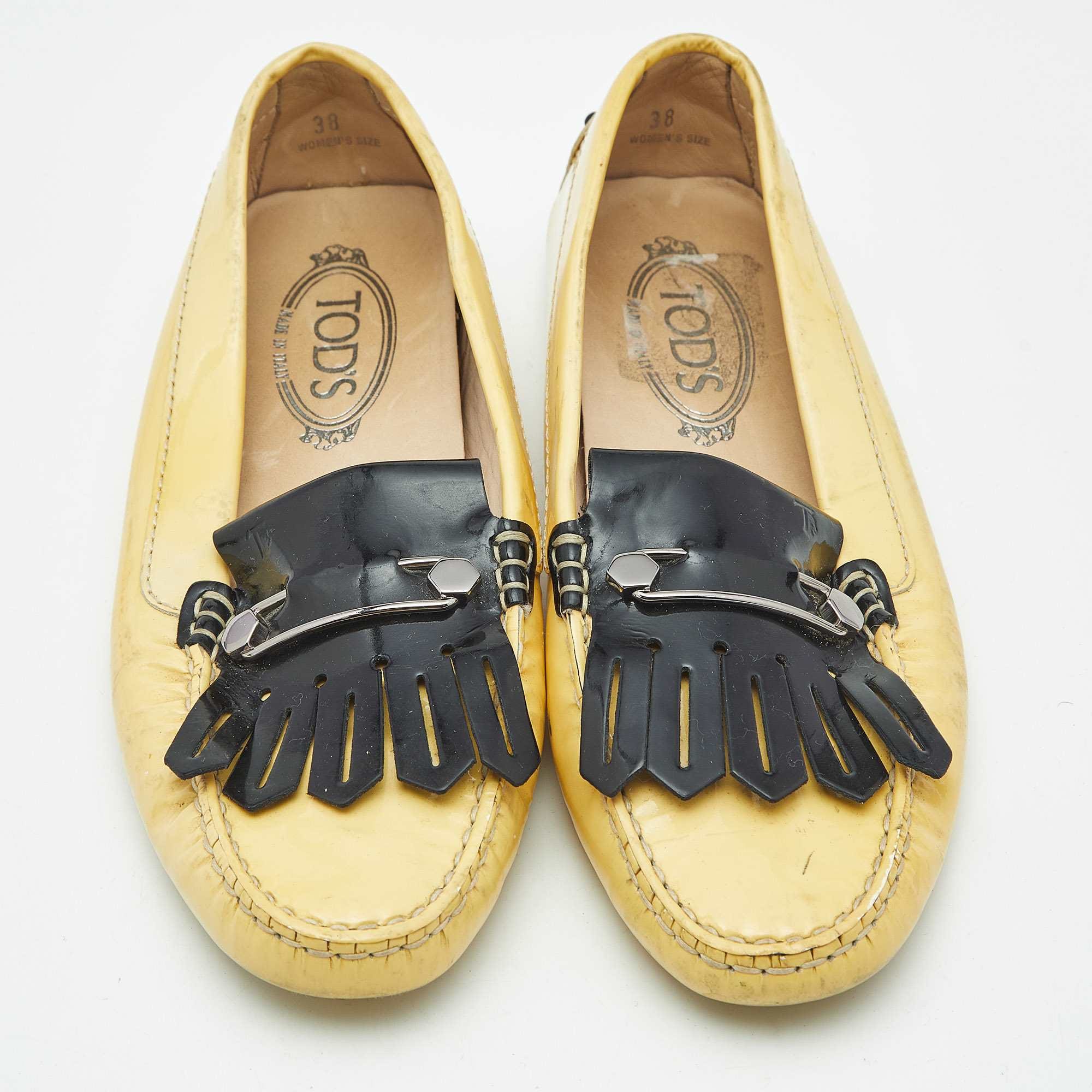 Tod's Yellow/black Patent Leather Pin Fringe Loafers