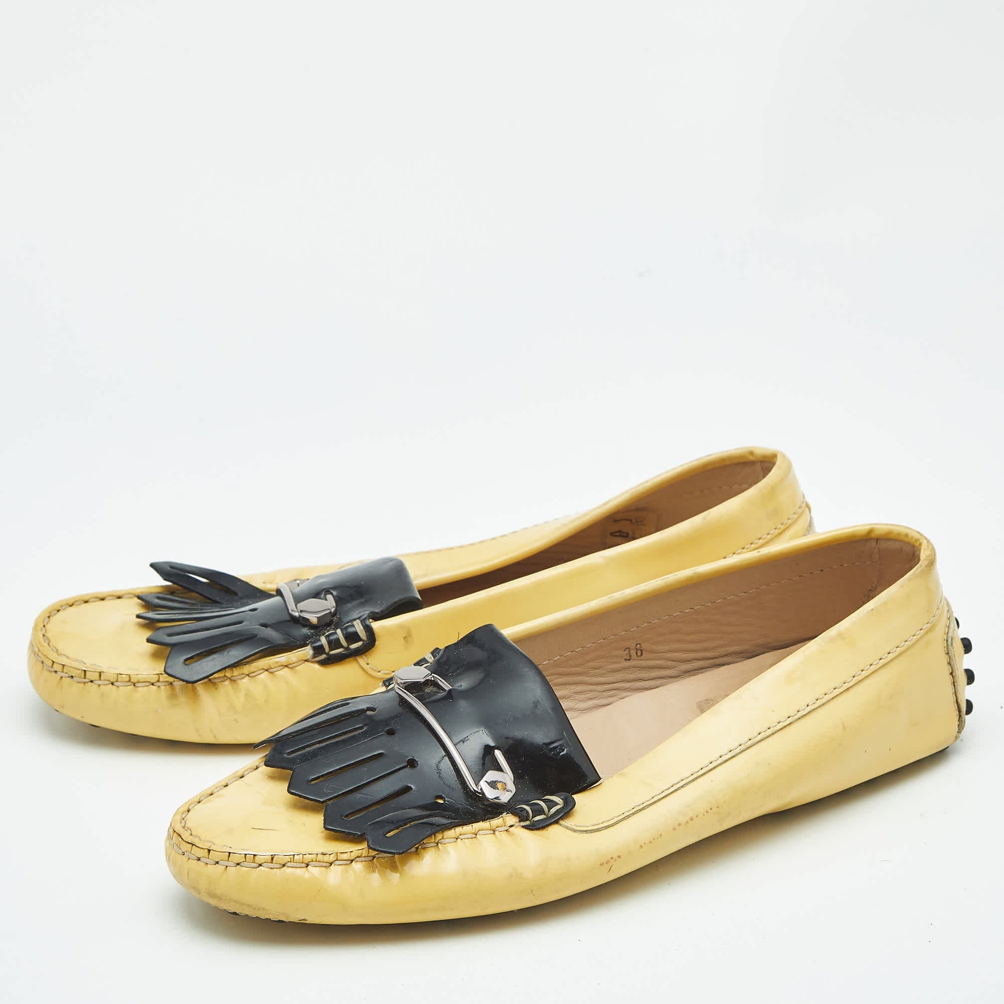 Tod's Yellow/black Patent Leather Pin Fringe Loafers