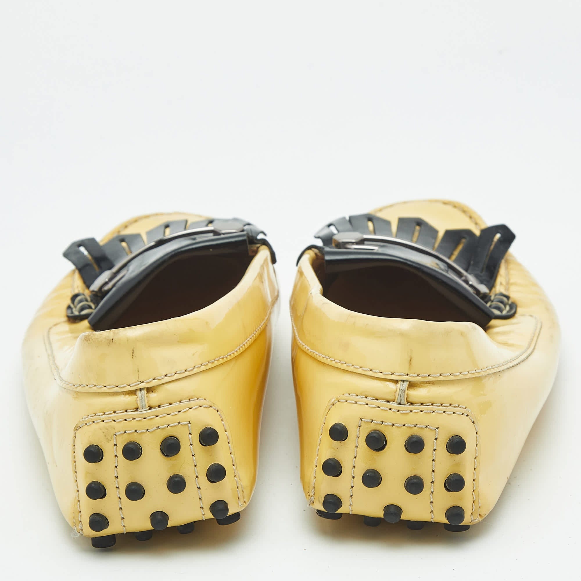 Tod's Yellow/black Patent Leather Pin Fringe Loafers
