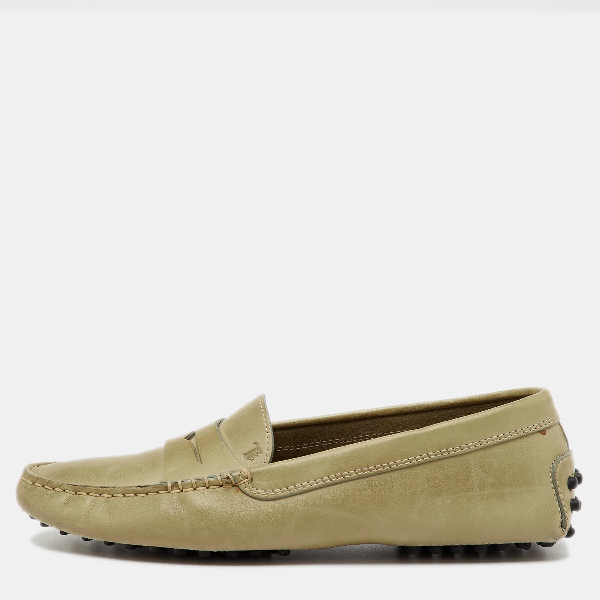 Tod's Olive Green Leather Slip On Loafers
