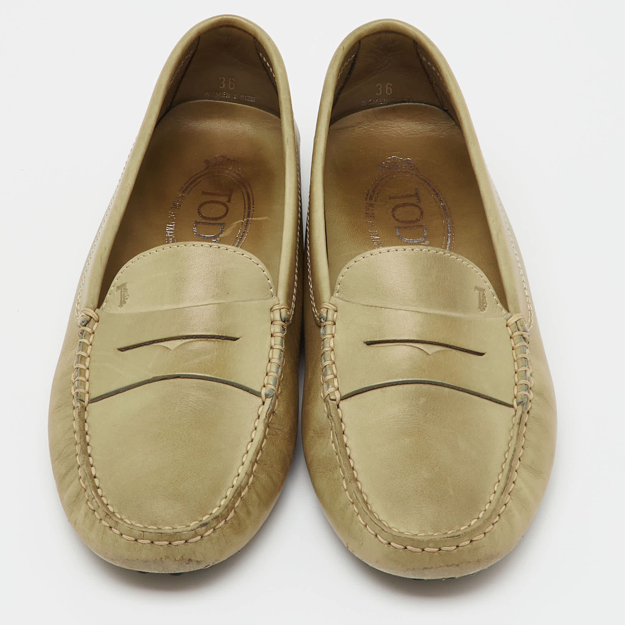 Tod's Olive Green Leather Slip On Loafers