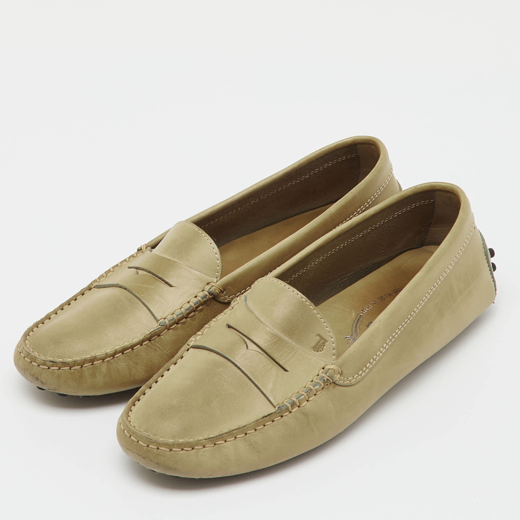 Tod's Olive Green Leather Slip On Loafers