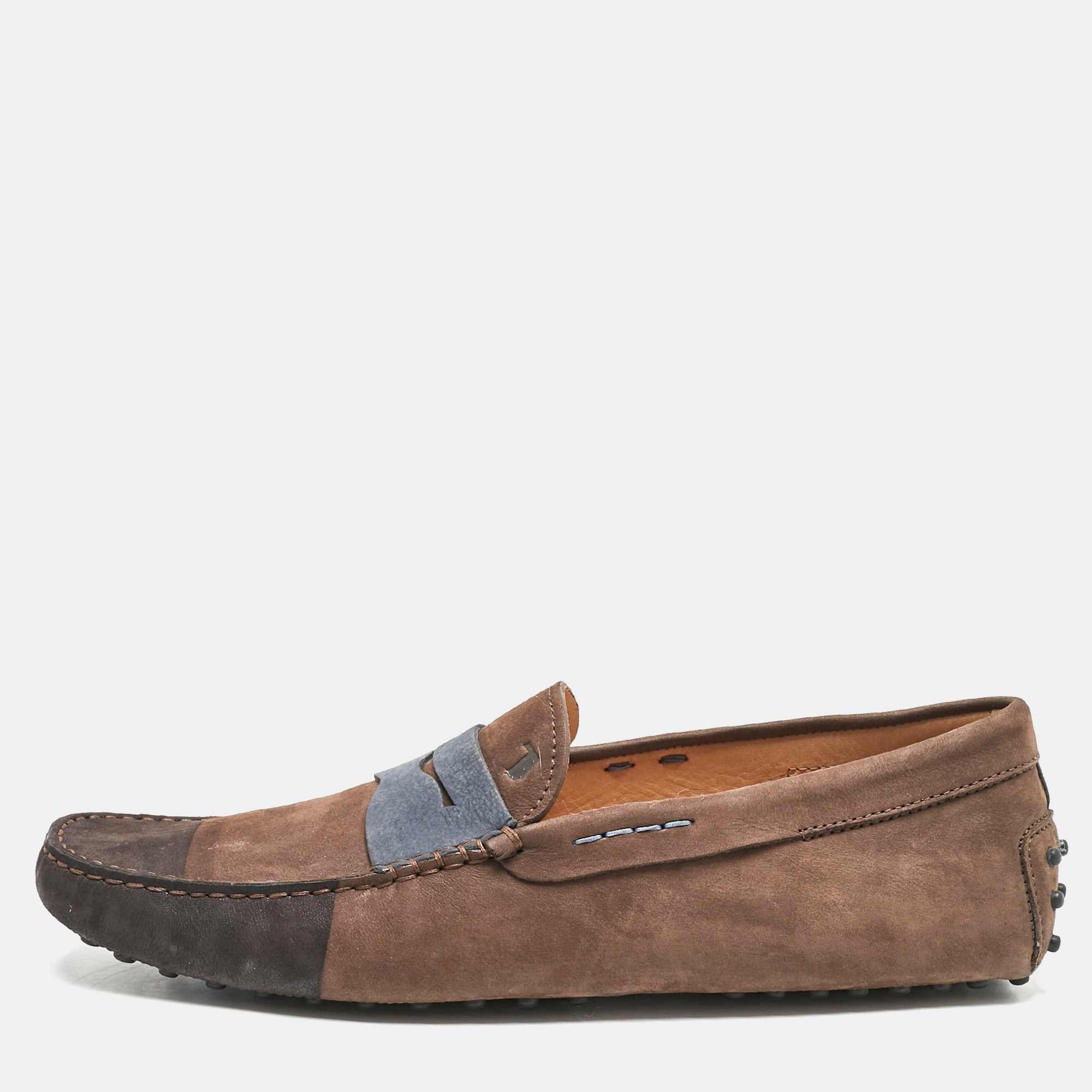Tod's Dark Brown/blue Nubuck Bow Slip On Loafers