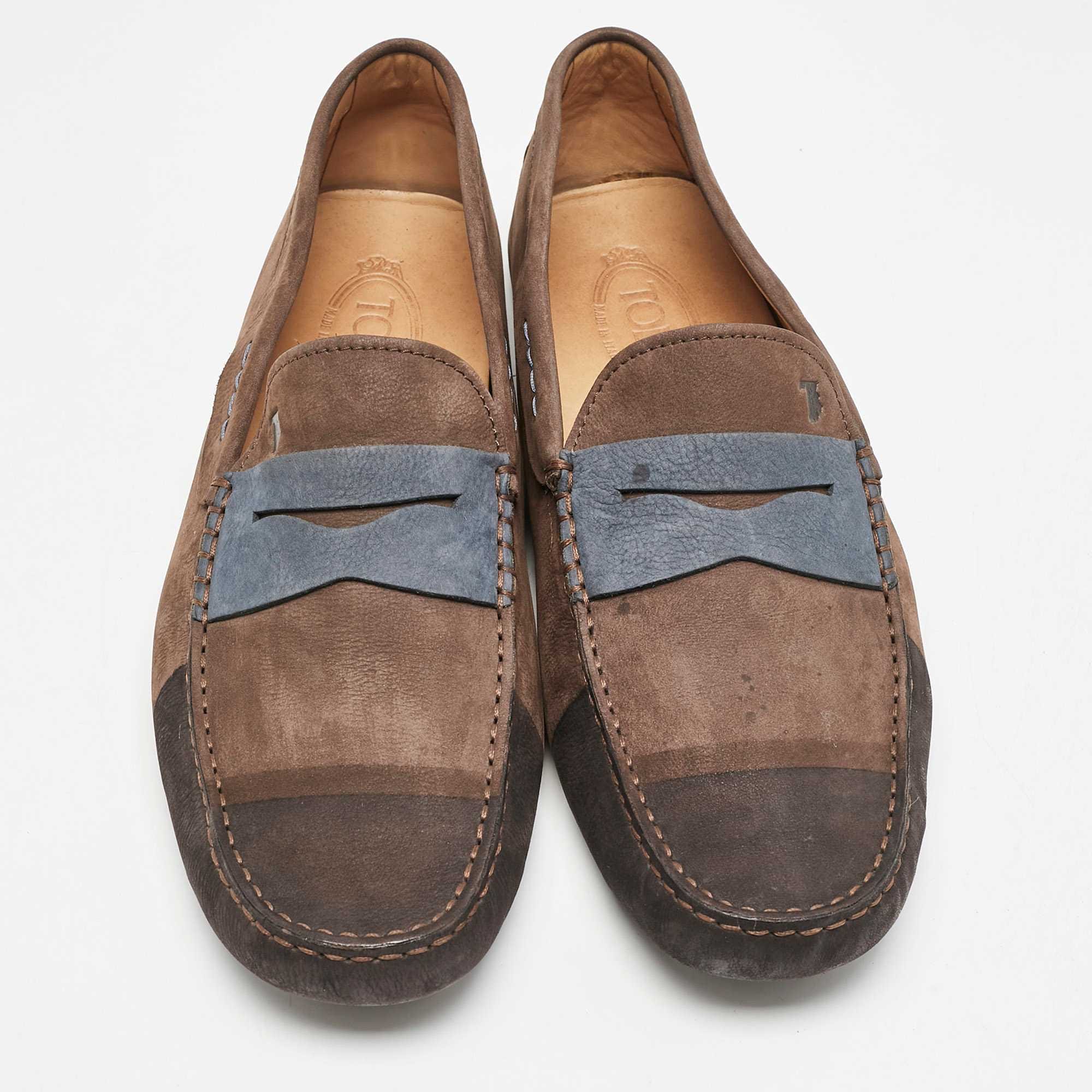 Tod's Dark Brown/blue Nubuck Bow Slip On Loafers