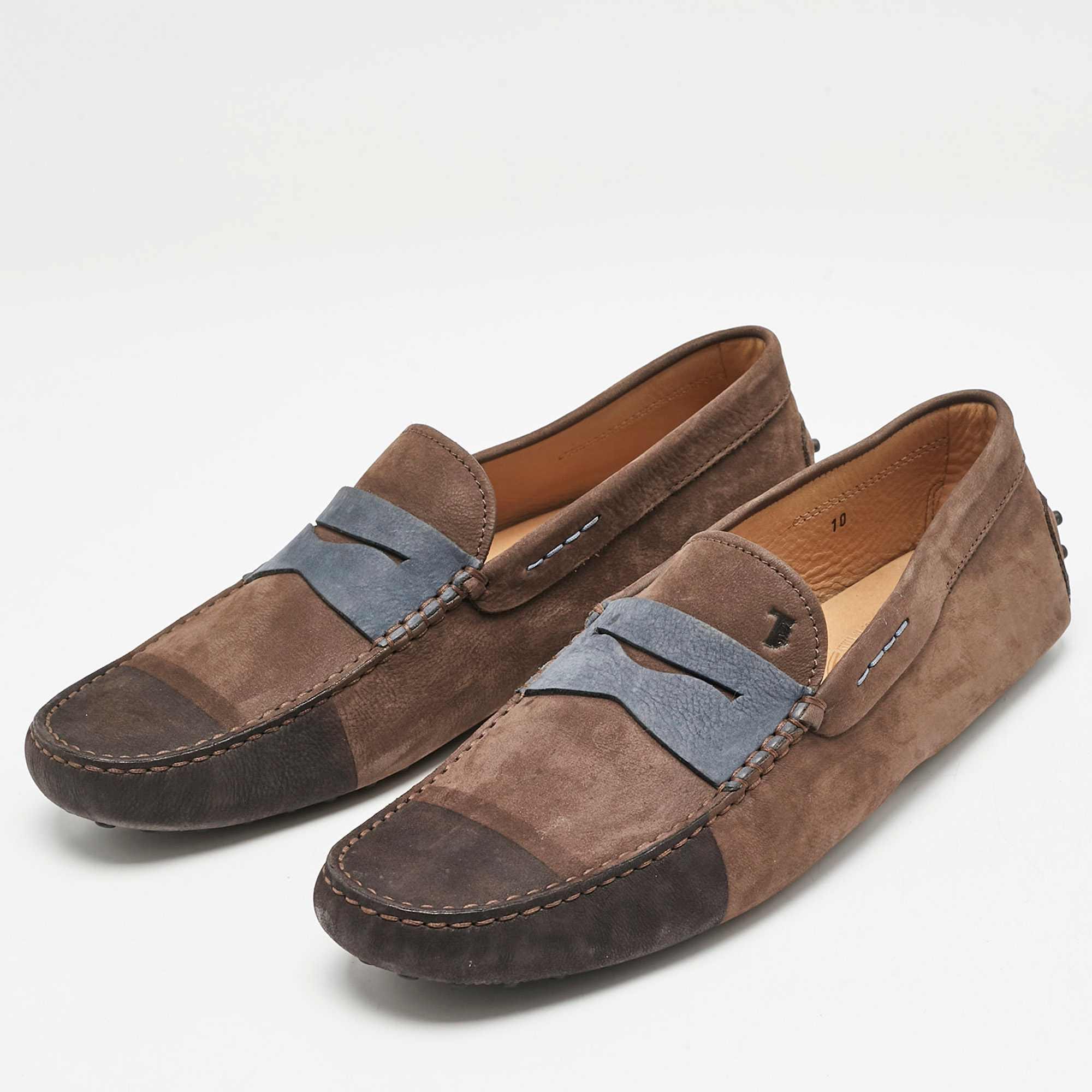 Tod's Dark Brown/blue Nubuck Bow Slip On Loafers