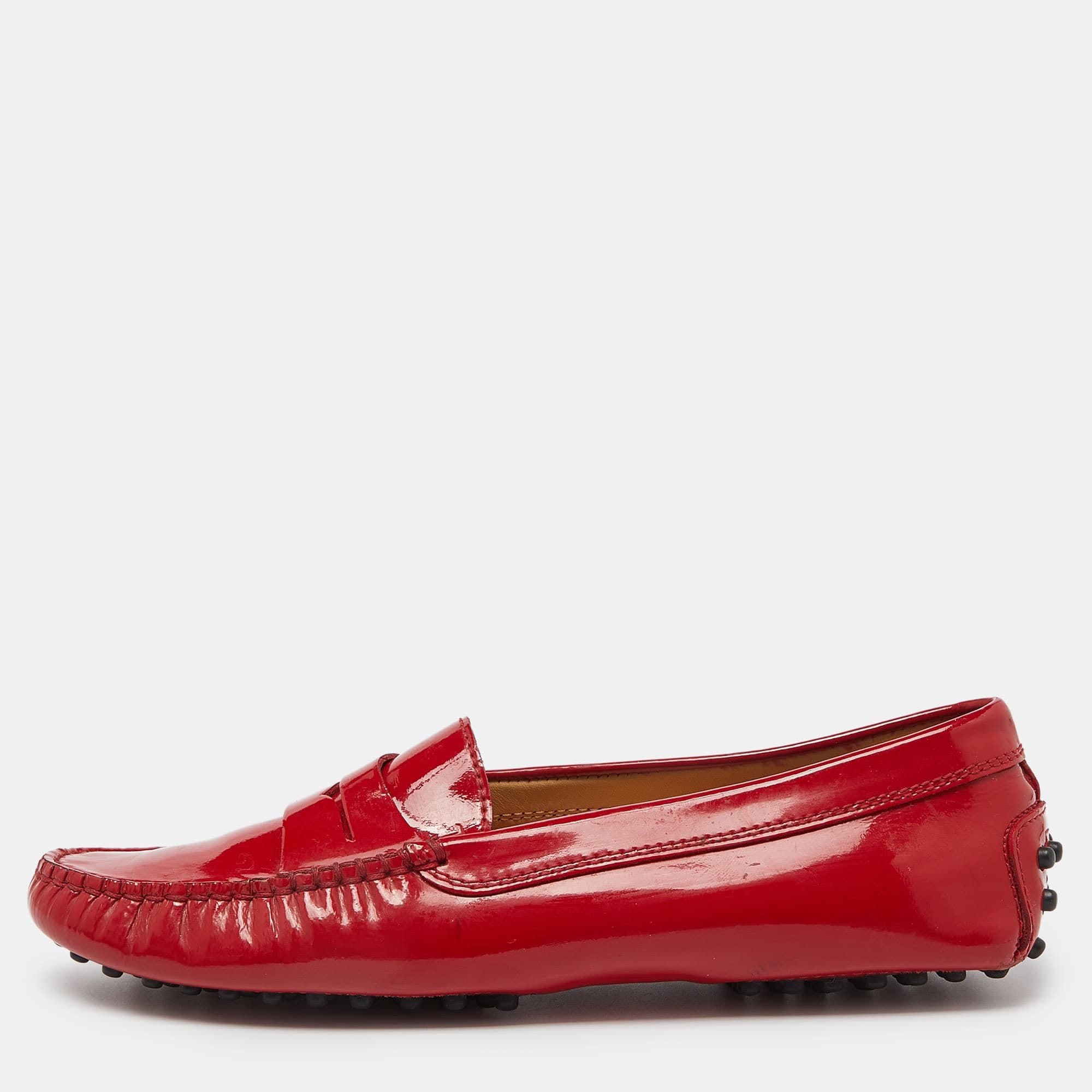 Tod's Red Patent Leather Penny Slip On Loafers