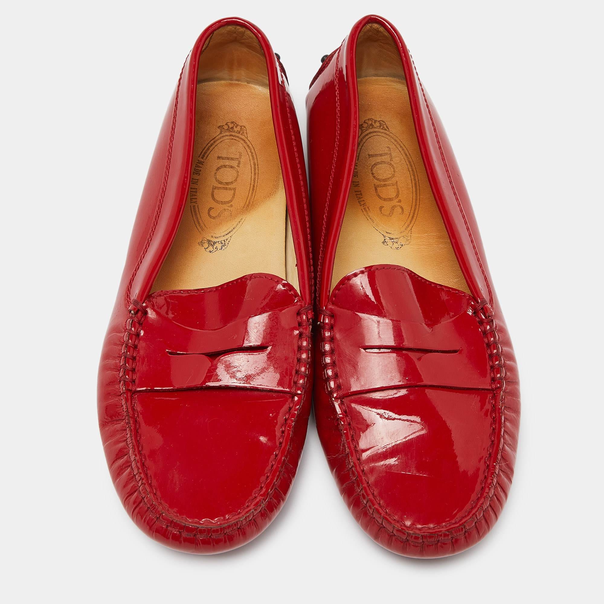 Tod's Red Patent Leather Penny Slip On Loafers