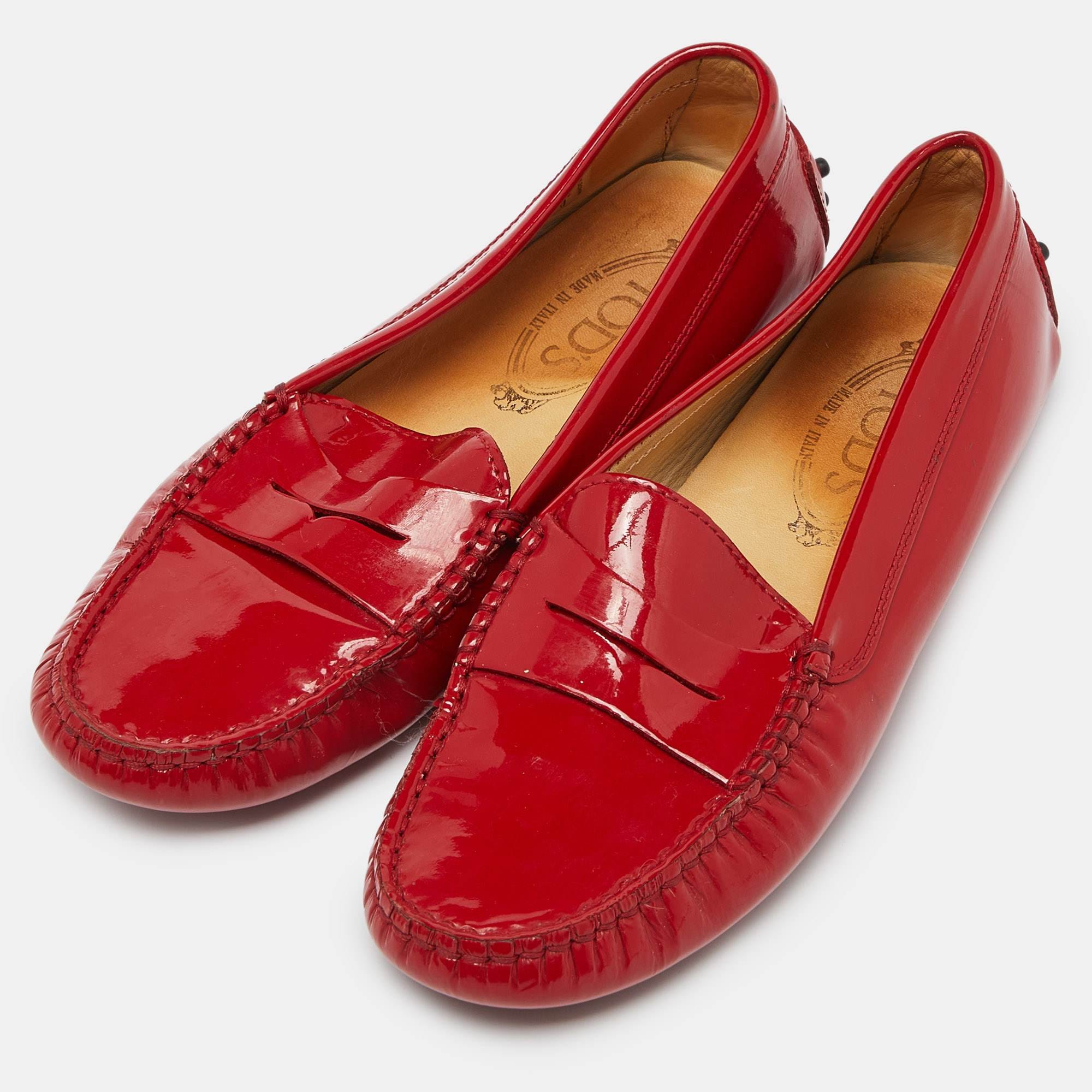 Tod's Red Patent Leather Penny Slip On Loafers