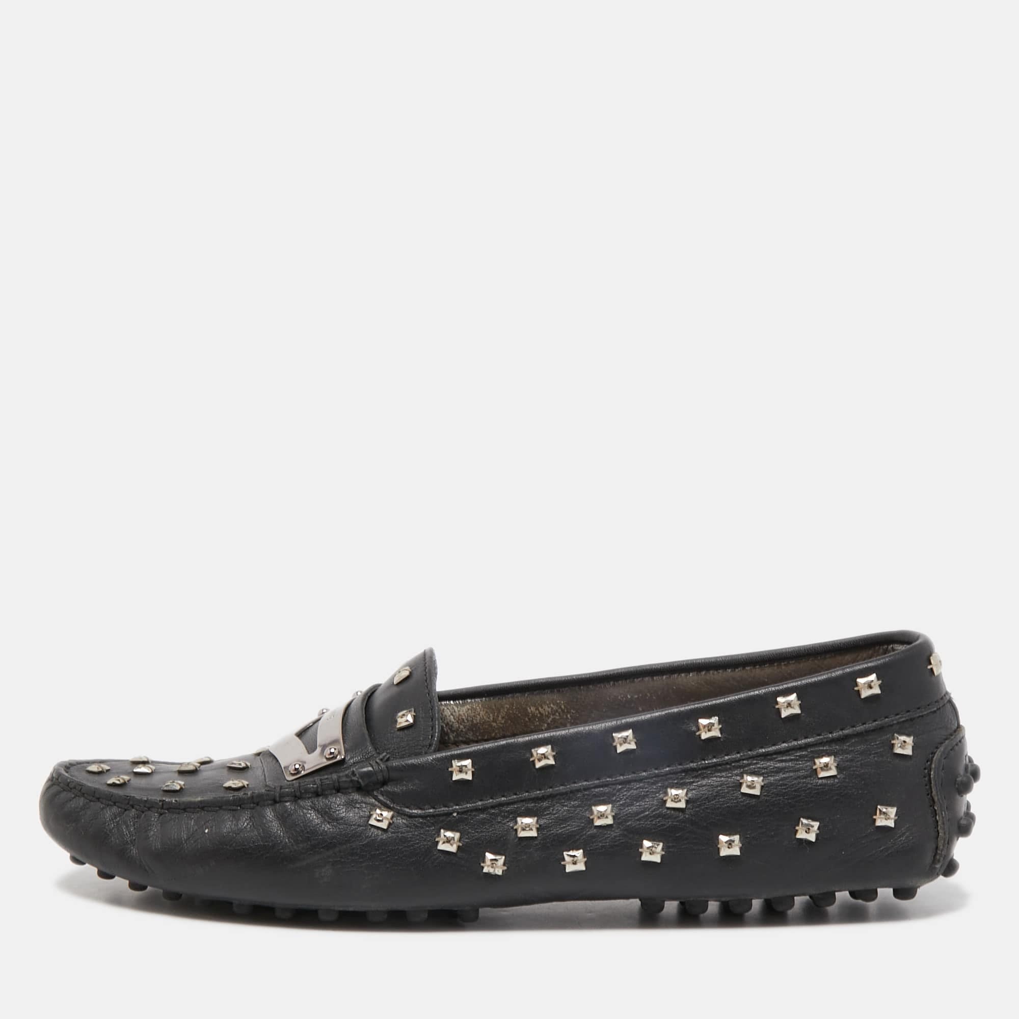 Tod's Black Leather Crystal Embellished Penny Loafers