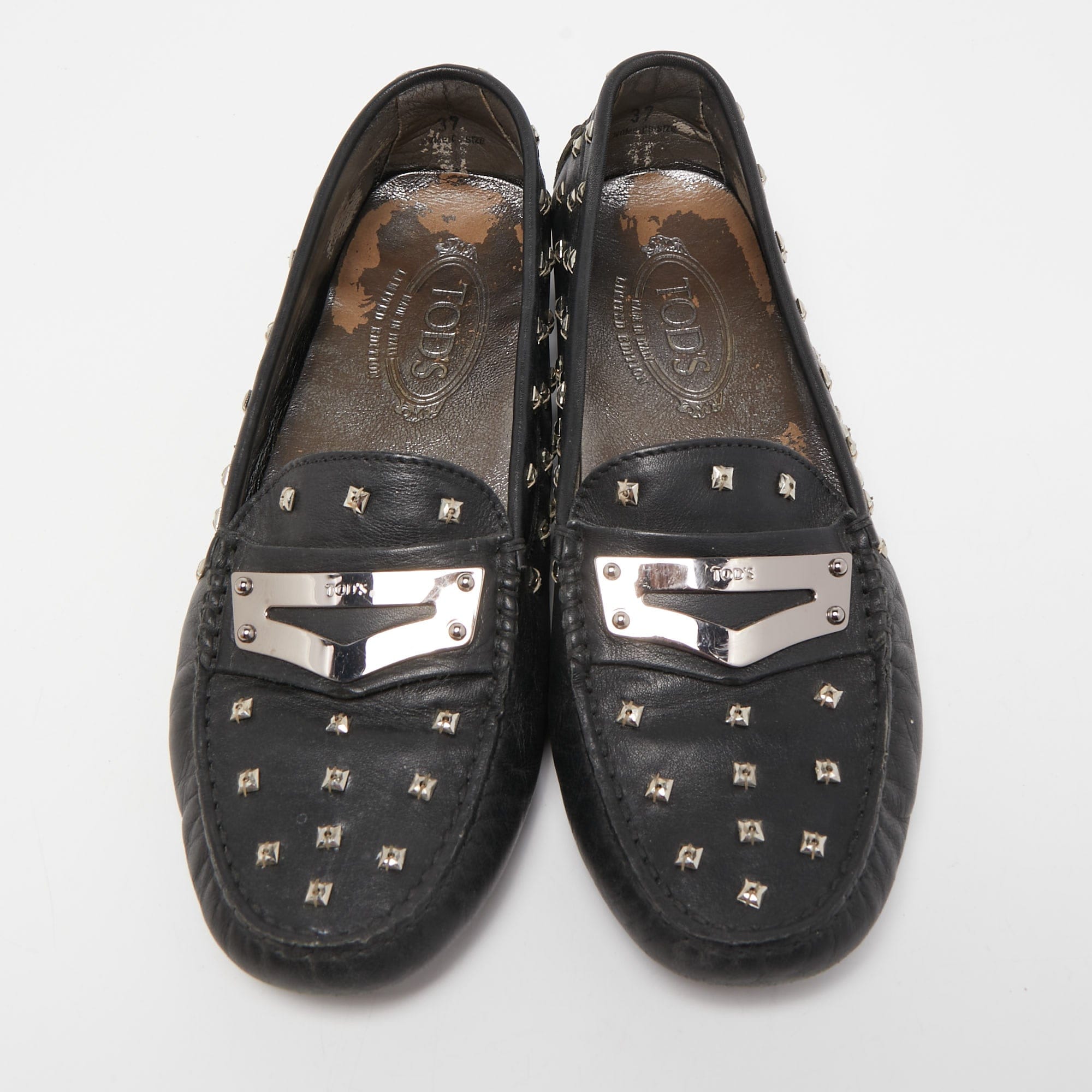 Tod's Black Leather Crystal Embellished Penny Loafers