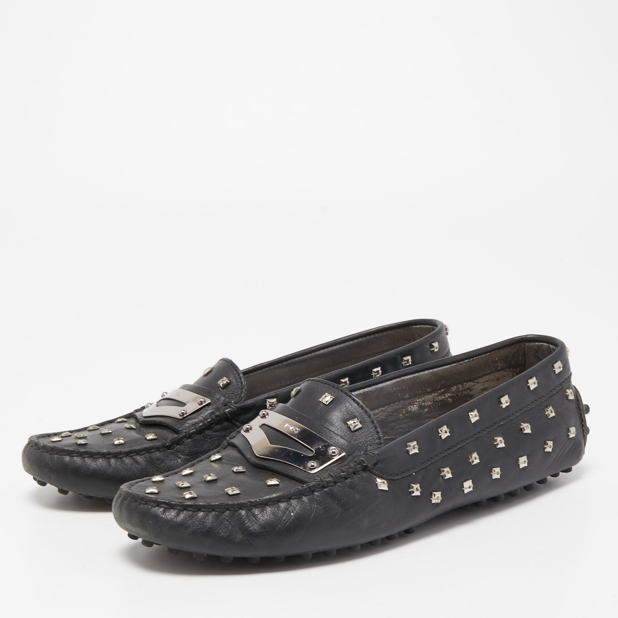 Tod's Black Leather Crystal Embellished Penny Loafers