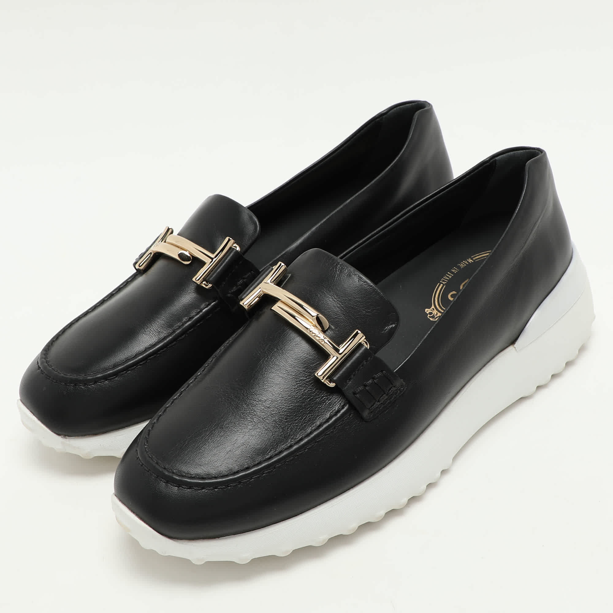 Tod's Black Leather Double T Slip On Loafers