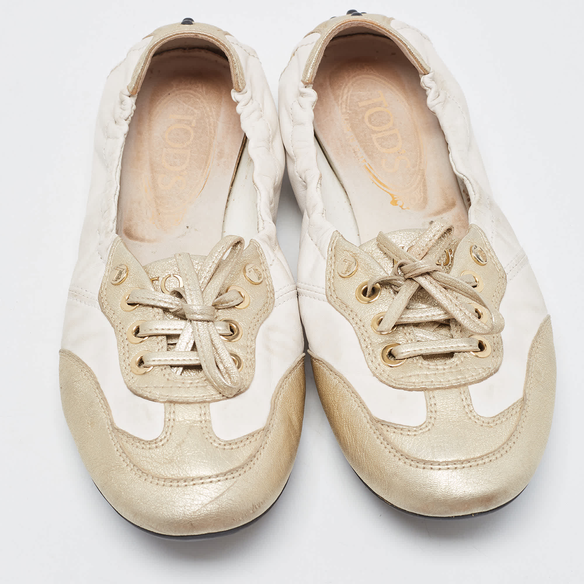 Tod's White/gold Leather Gomma Lace Up Loafers