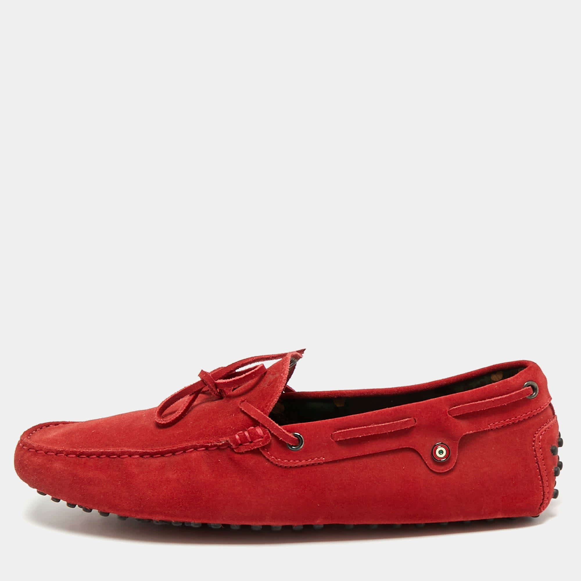 Tod's For Ferrari Red Suede Bow Slip On Loafers