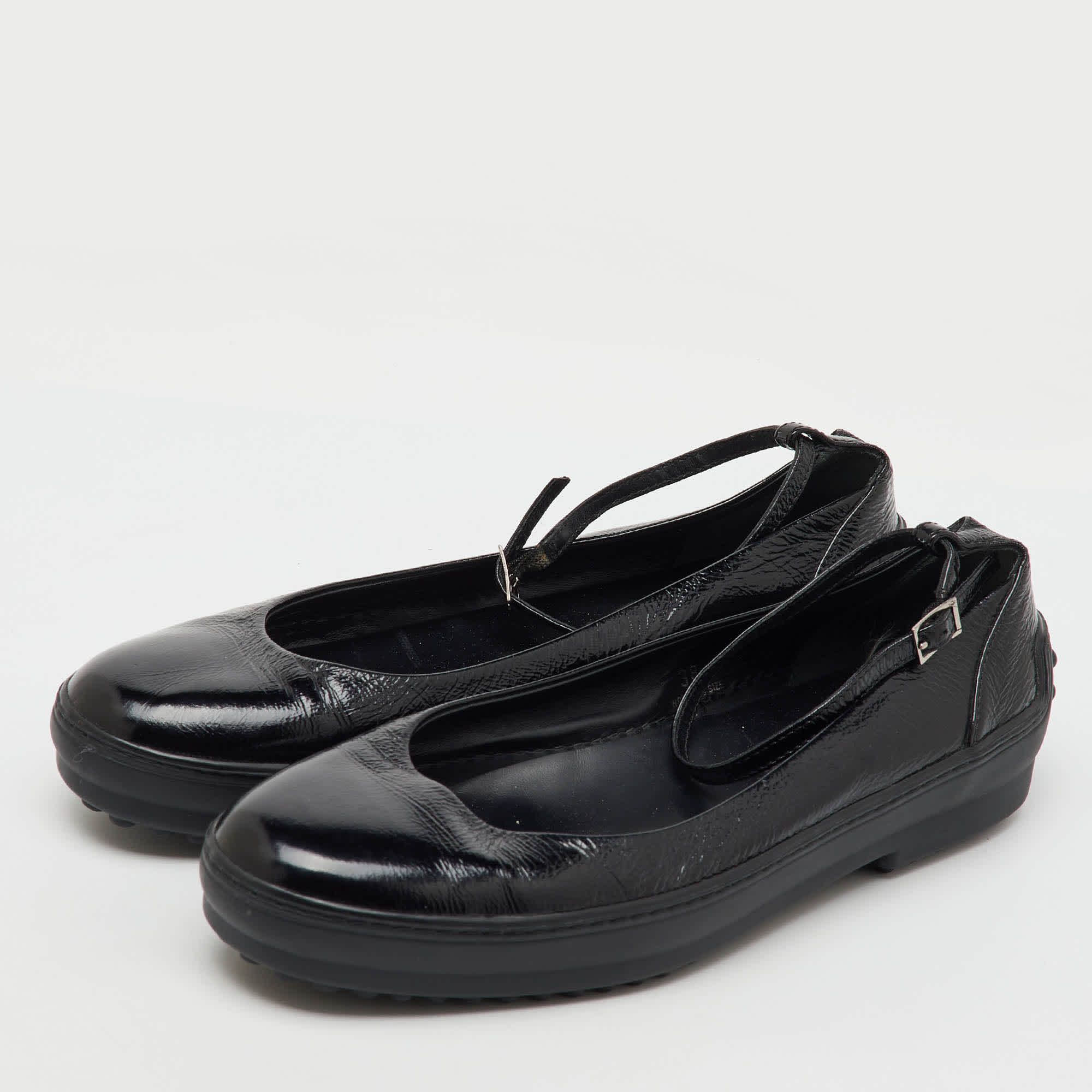 Tod's Black Patent Leather Ankle Strap Ballet Flats