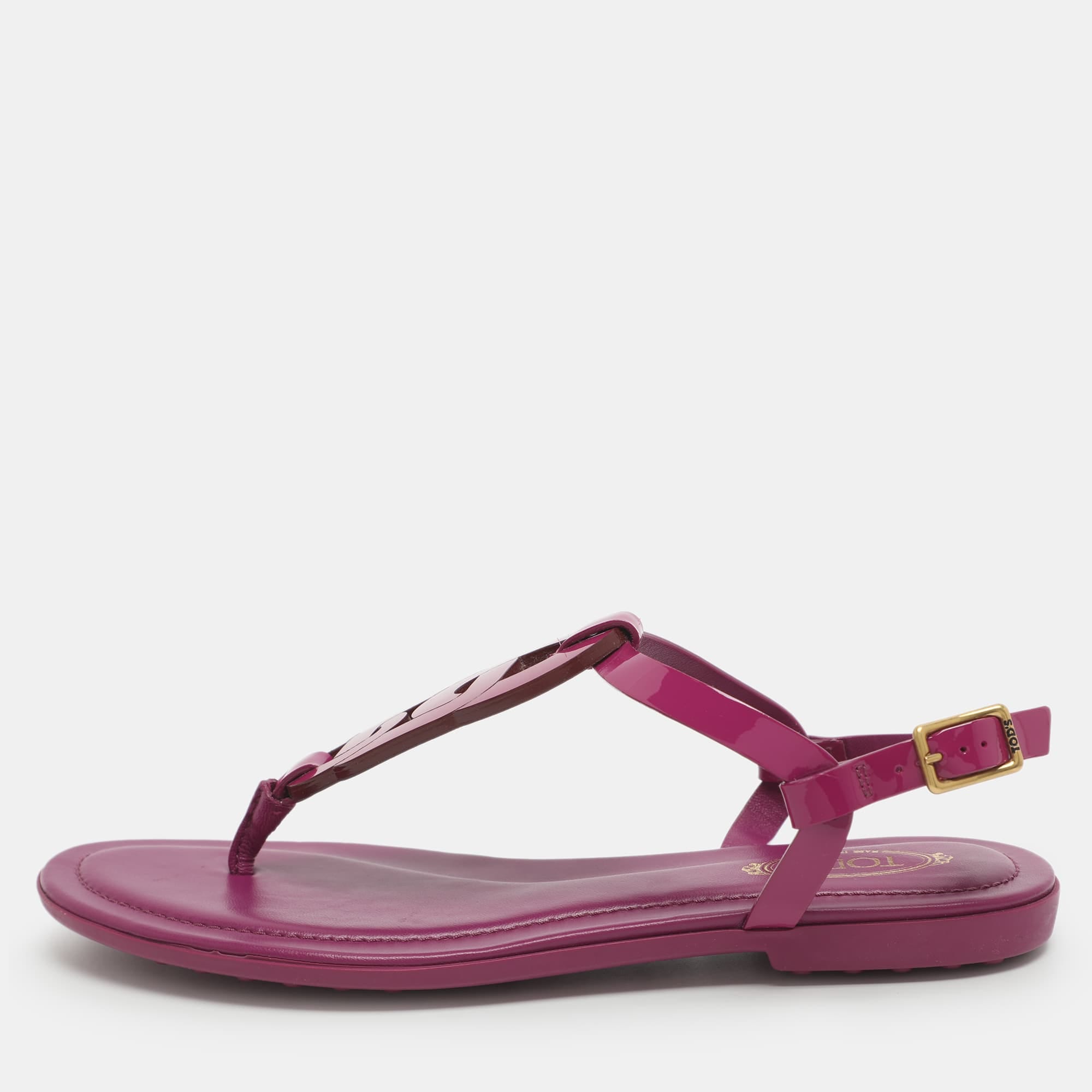 Tod's Size 37 Fuchsia Patent Leather Flat Sandals