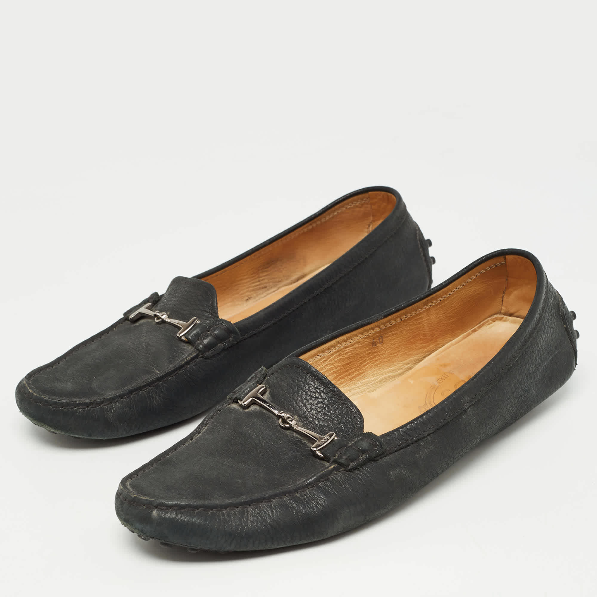 Tod's Black Textured Nubuck Leather Buckle Loafers