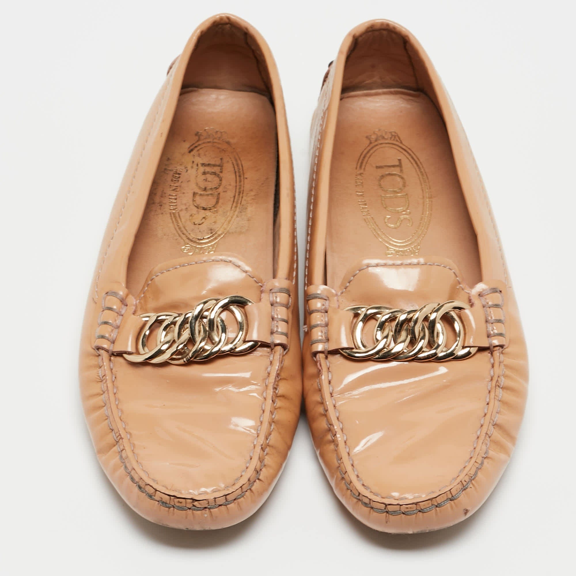 Tod's Beige Patent Slip On Loafers