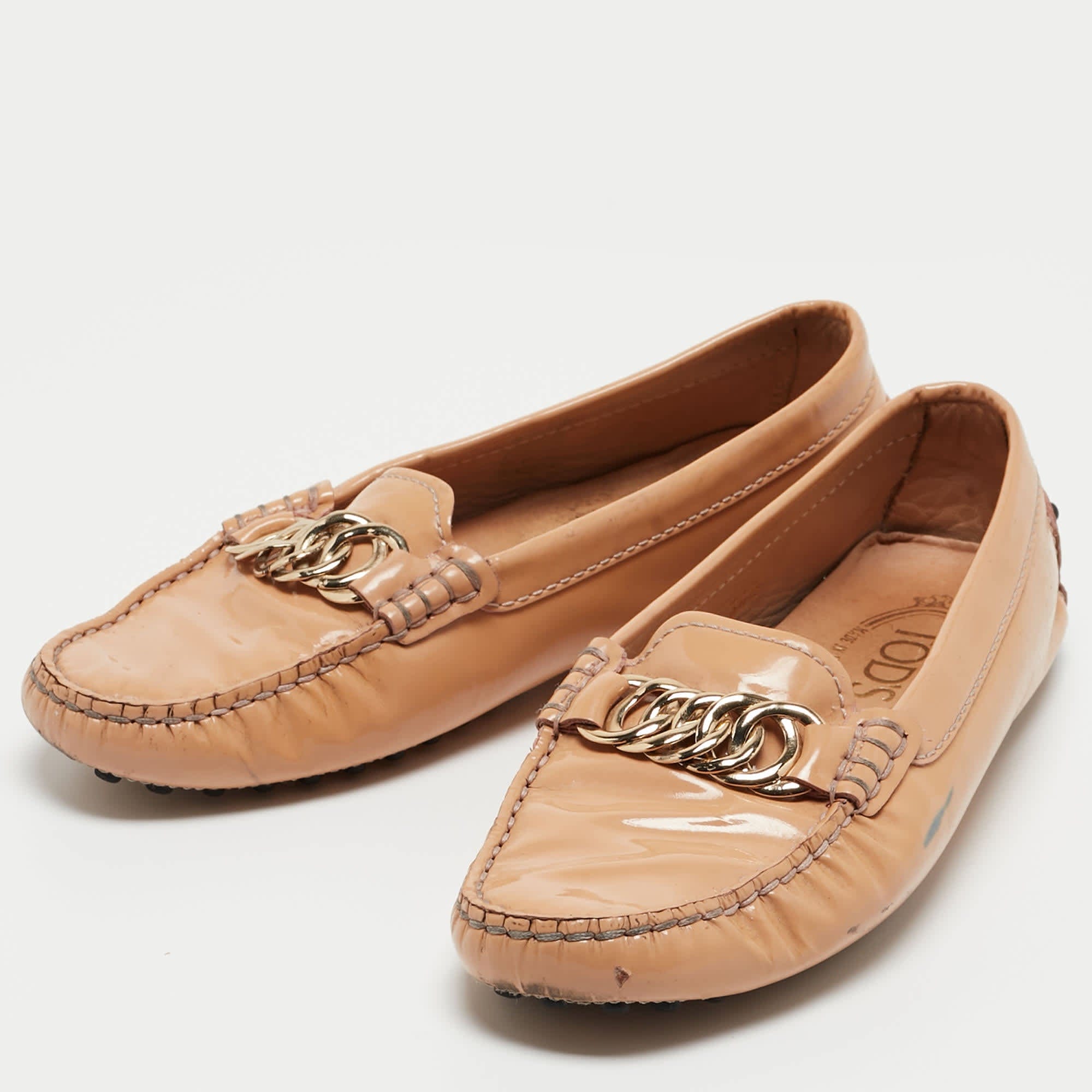 Tod's Beige Patent Slip On Loafers