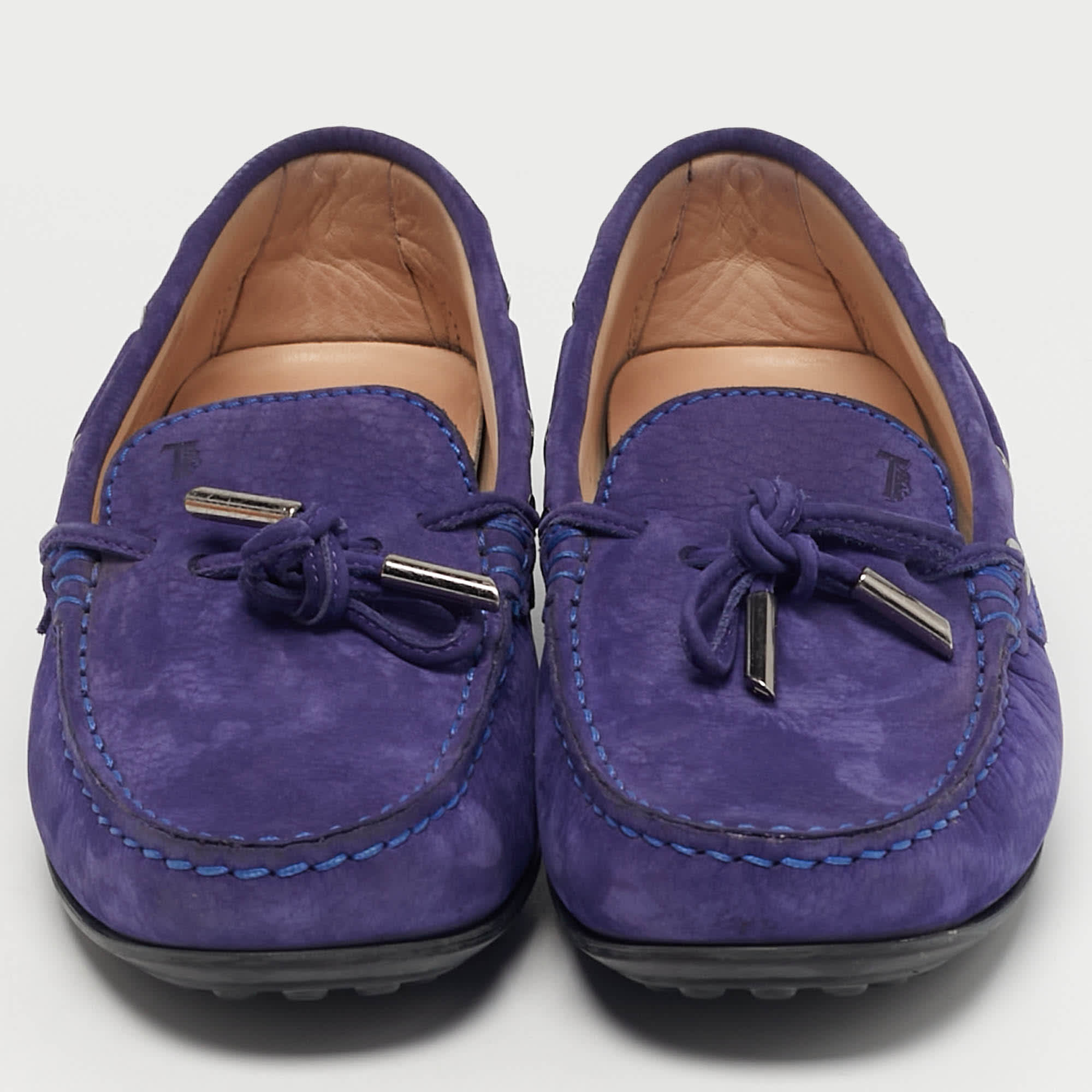 Tod's Blue Nubuck Leather Bow Driver Loafers