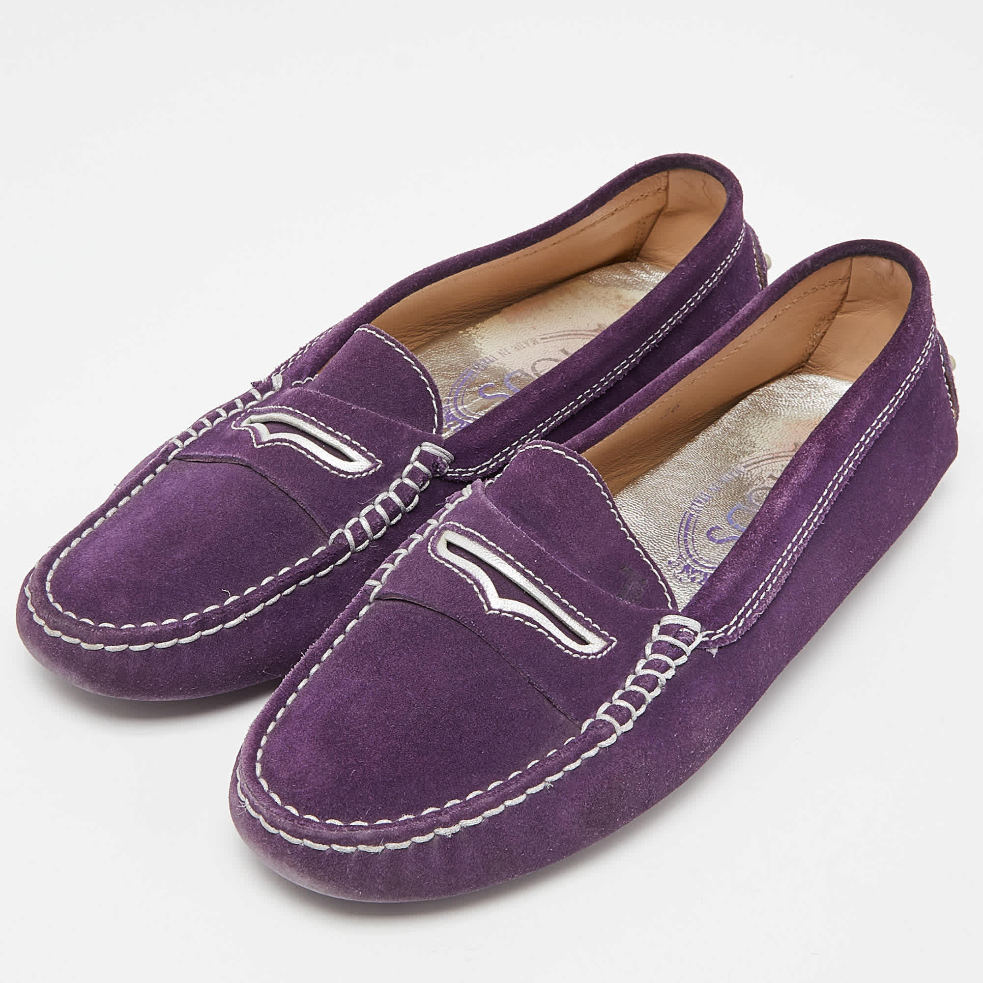 Tod's Purple Suede Gommino Penny Slip On Loafers