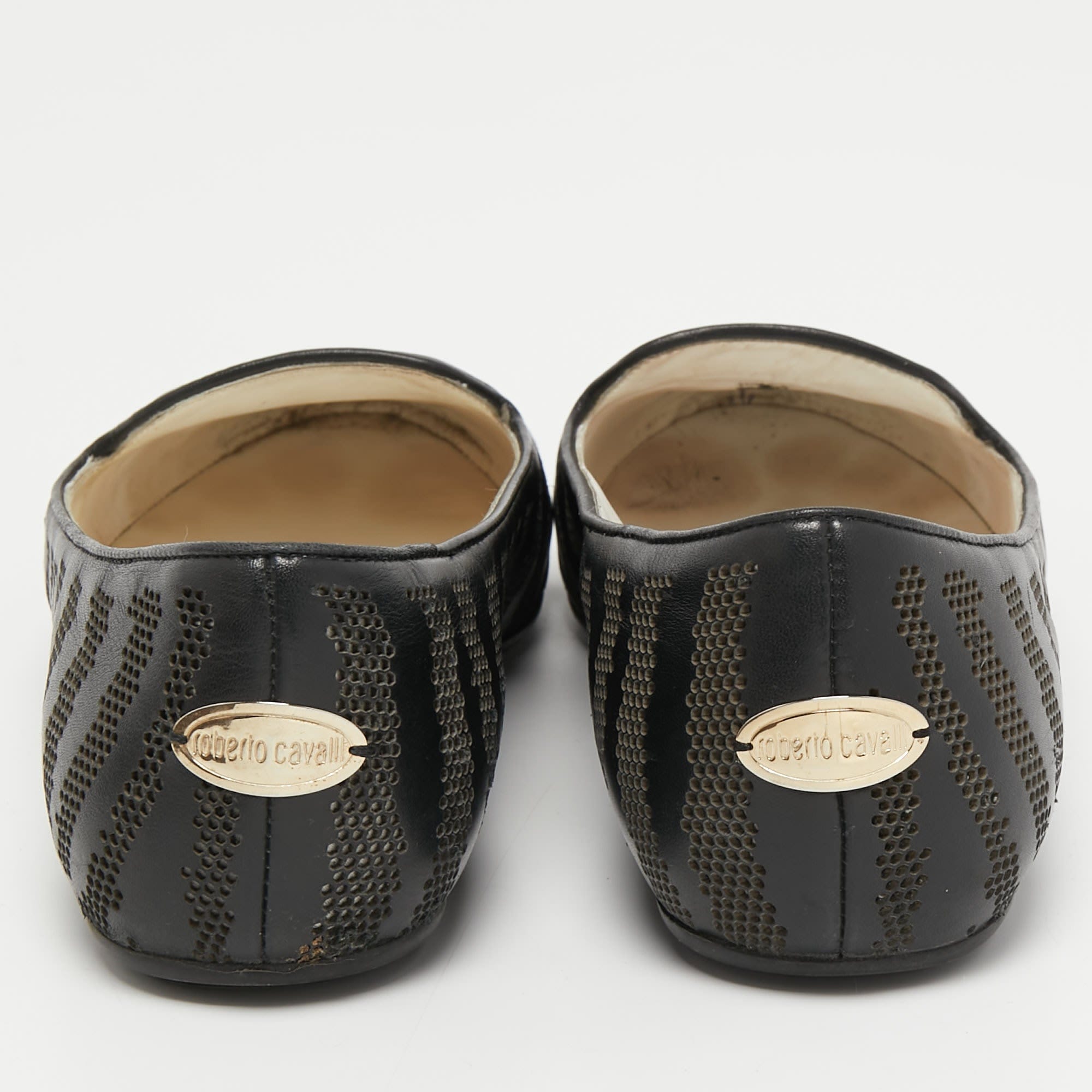 Roberto Cavalli Black Leather Laser Cut Ballet Flats