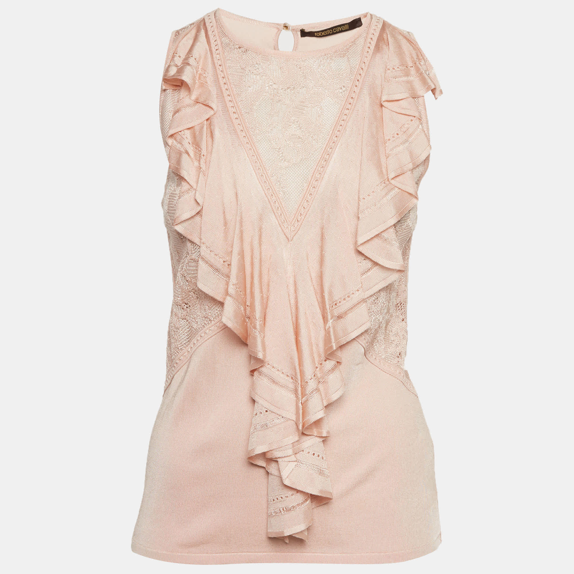 Roberto Cavalli Light Peach Stretch Knit Ruffle Crew Neck Top