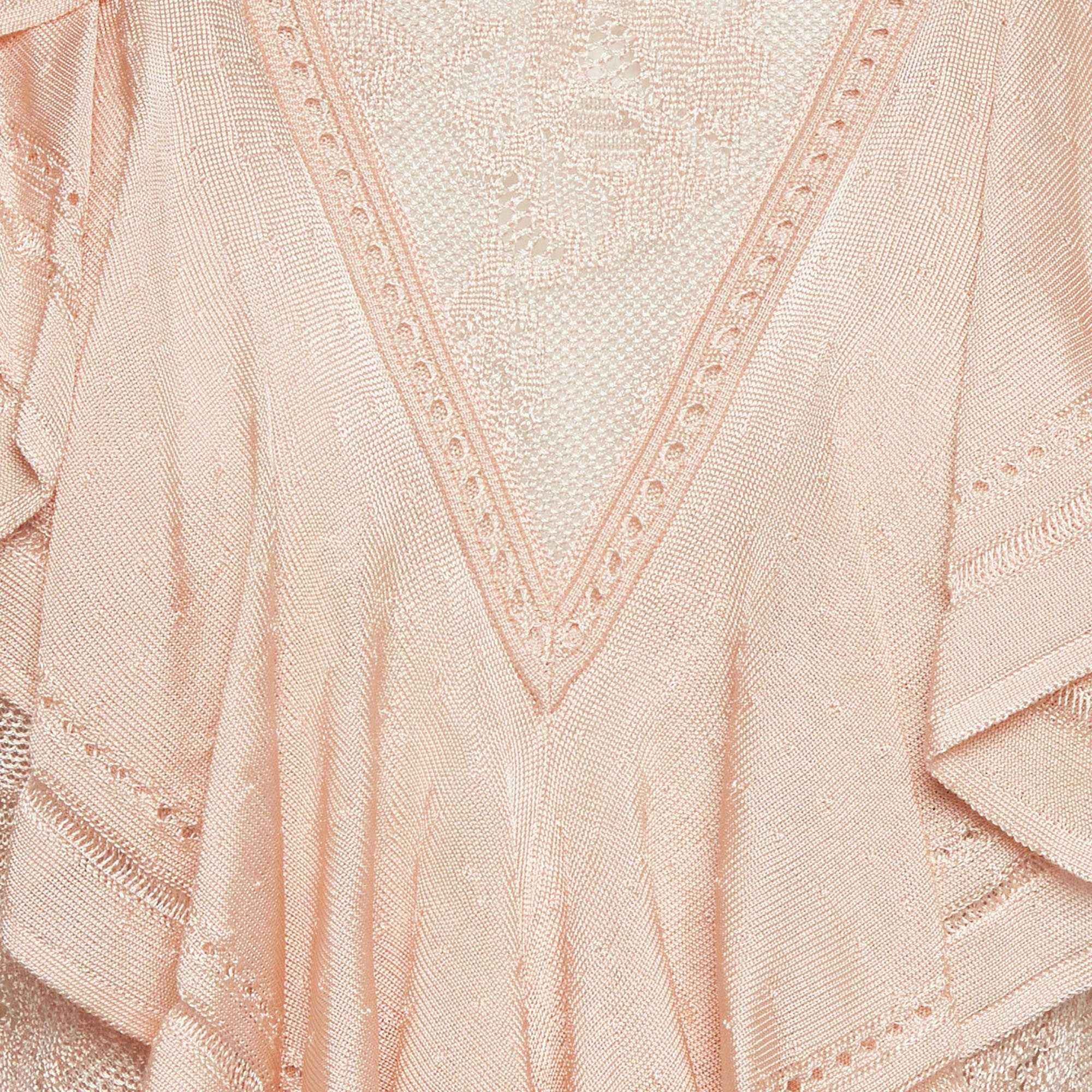 Roberto Cavalli Light Peach Stretch Knit Ruffle Crew Neck Top