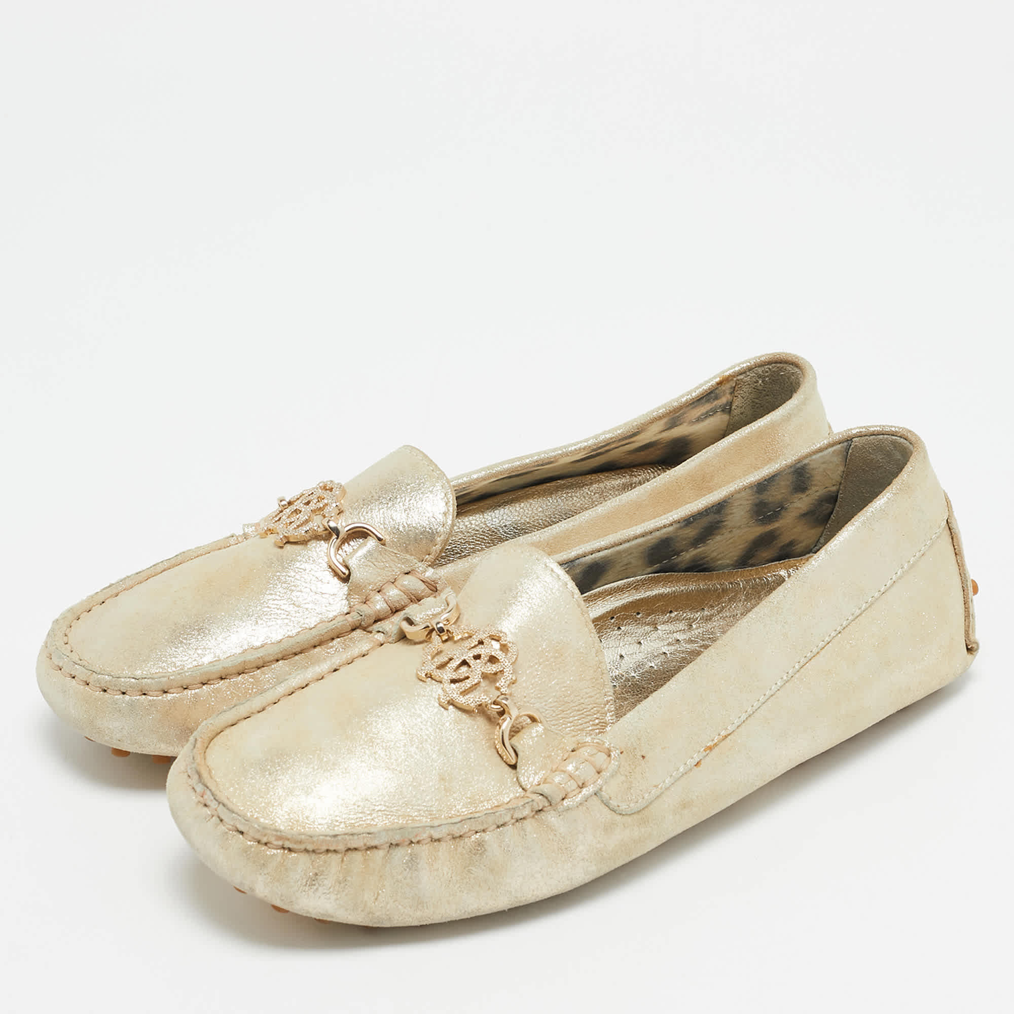 Roberto Cavalli Gold Suede Slip On Loafers