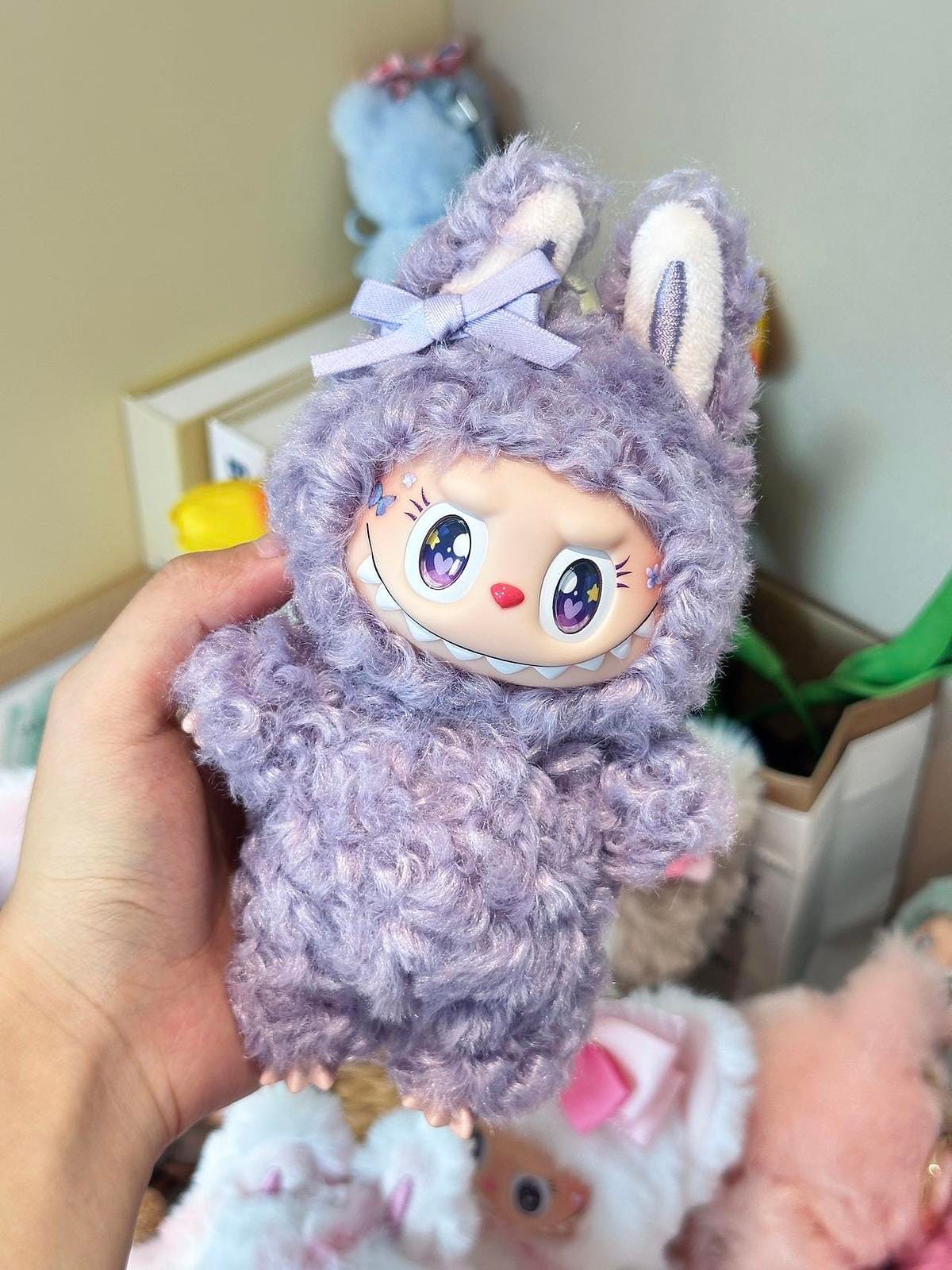 Handmade Curly Purple Labubu Inspired Plush Doll – Kawaii Bunny Outfit, Fan Art Collectible Gift