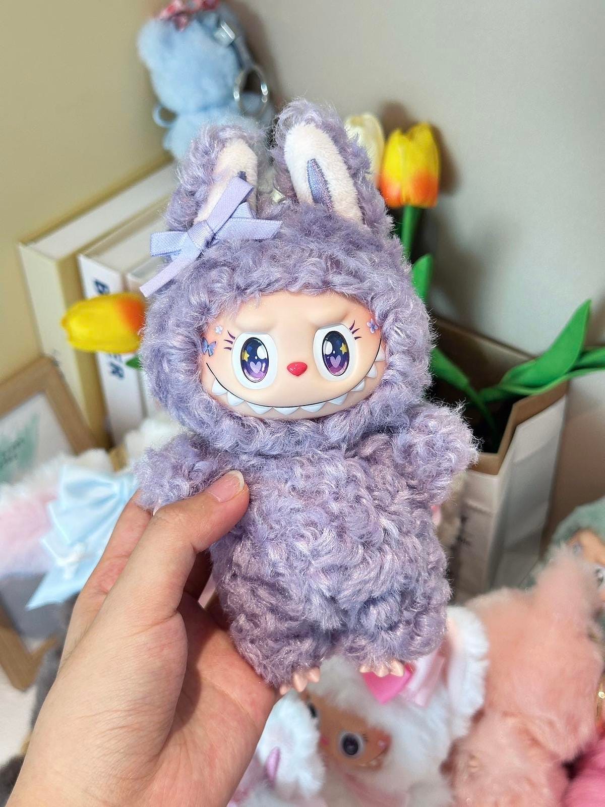 Handmade Curly Purple Labubu Inspired Plush Doll – Kawaii Bunny Outfit, Fan Art Collectible Gift